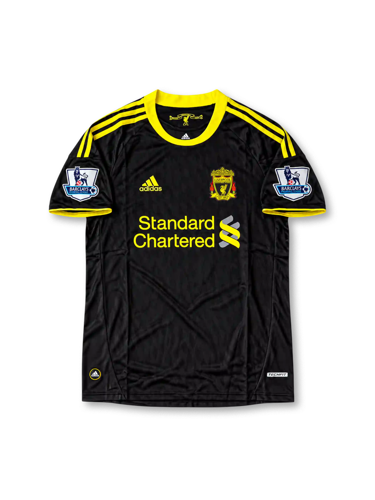 Front view of the 2010/11 Liverpool black and yellow third soccer jersey by adidas, featuring yellow three-stripe shoulder detailing, the Liverpool crest, Standard Chartered sponsor, and Barclays Premier League sleeve patches.