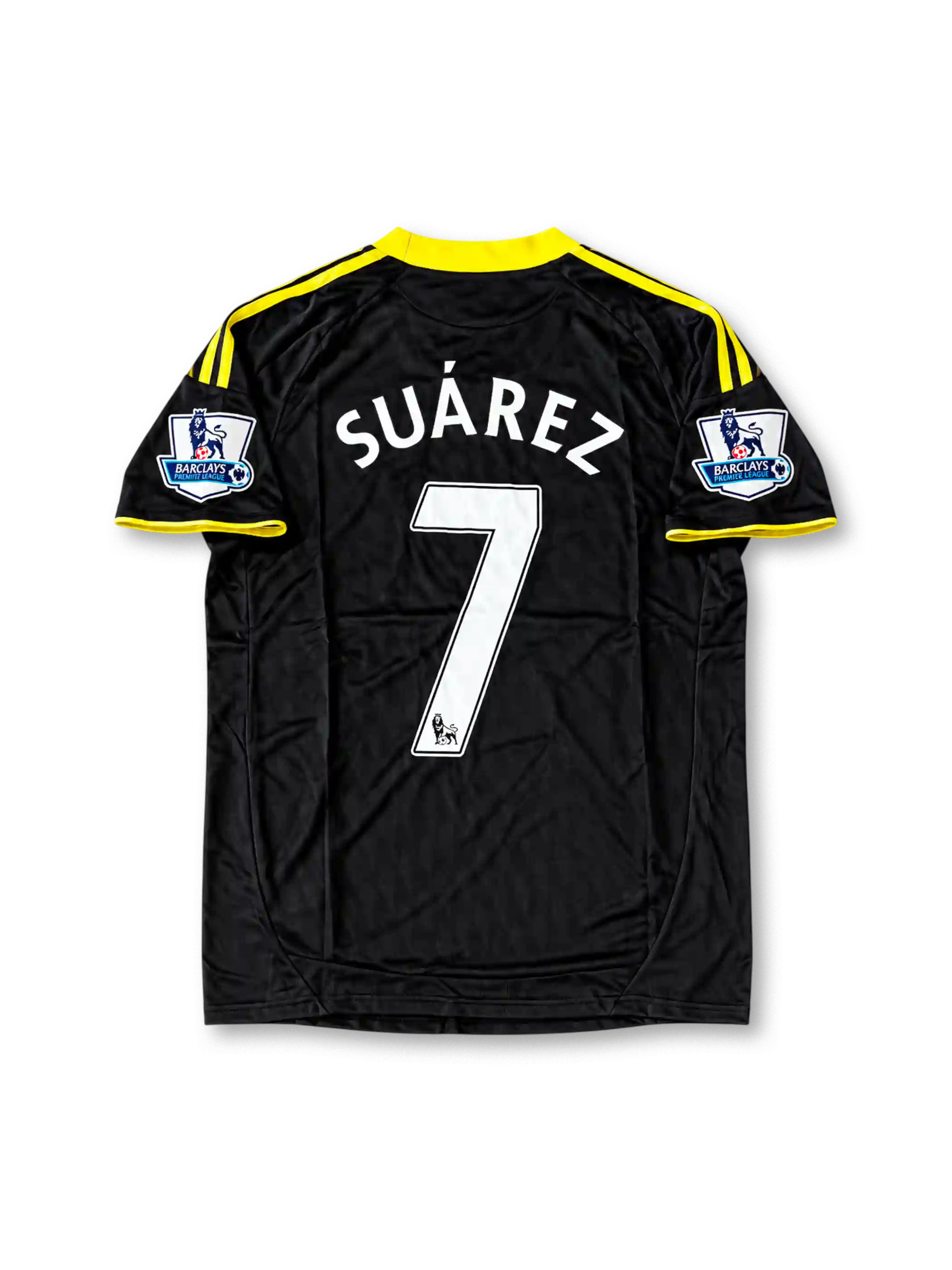 Front view of the 2010/11 Liverpool black and yellow third soccer jersey by adidas, featuring yellow three-stripe shoulder detailing, the Liverpool crest, Standard Chartered sponsor, and Barclays Premier League sleeve patches.