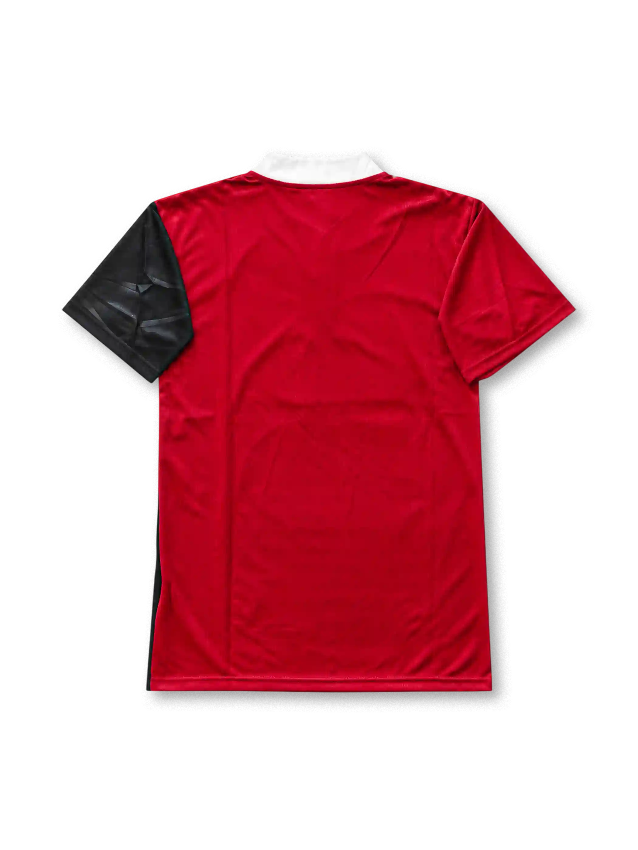 Front view of the red and black Oasis x adidas Boltmakers Arms FC football jersey inspired by the 1995/96 team kit, featuring a white collar, adidas three stripes, Boltmakers Arms crest, and boxed Oasis logo.