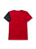 Front view of the red and black Oasis x adidas Boltmakers Arms FC football jersey inspired by the 1995/96 team kit, featuring a white collar, adidas three stripes, Boltmakers Arms crest, and boxed Oasis logo.