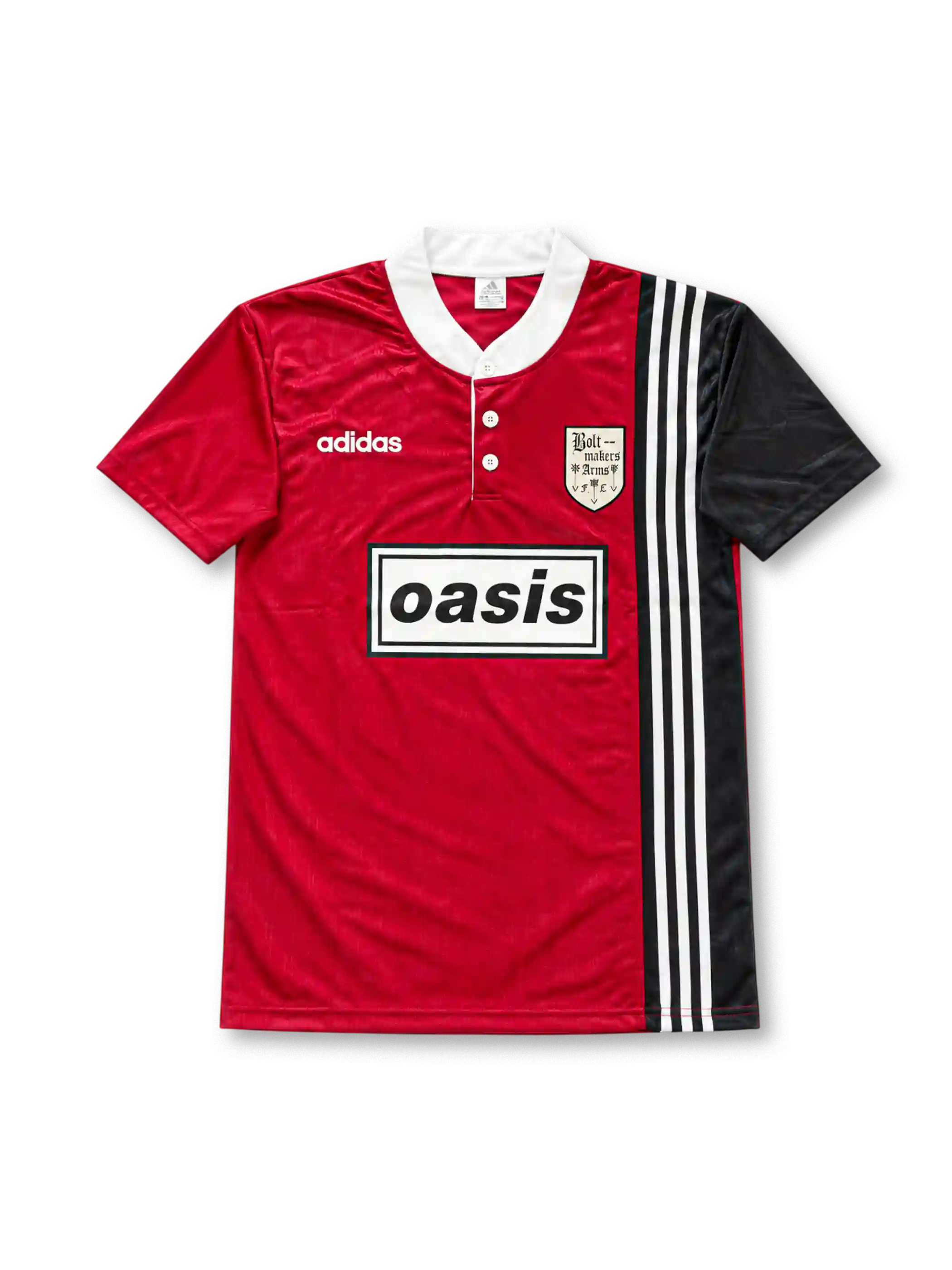Front view of the red and black Oasis x adidas Boltmakers Arms FC football jersey inspired by the 1995/96 team kit, featuring a white collar, adidas three stripes, Boltmakers Arms crest, and boxed Oasis logo.