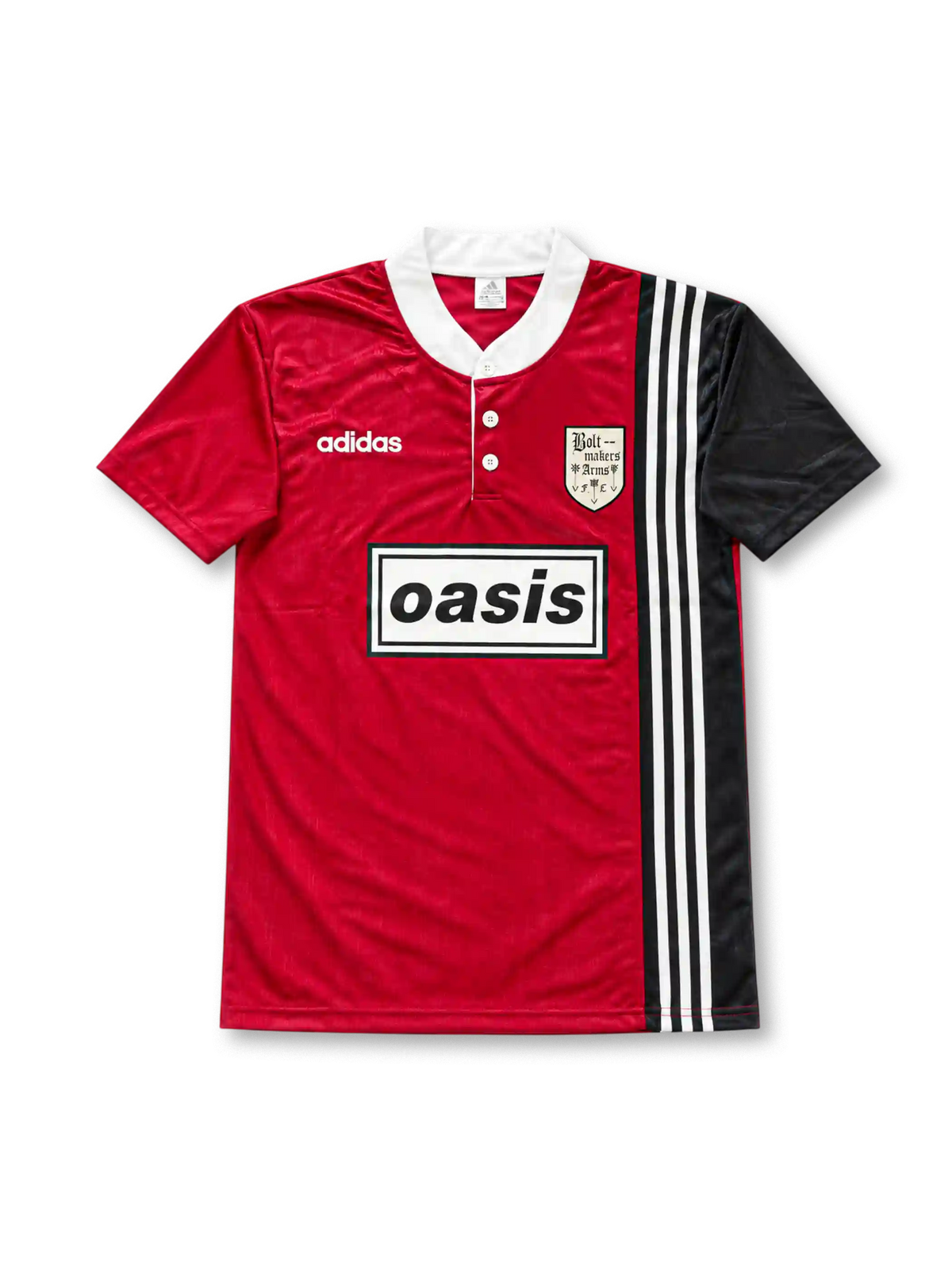Front view of the red and black Oasis x adidas Boltmakers Arms FC football jersey inspired by the 1995/96 team kit, featuring a white collar, adidas three stripes, Boltmakers Arms crest, and boxed Oasis logo.