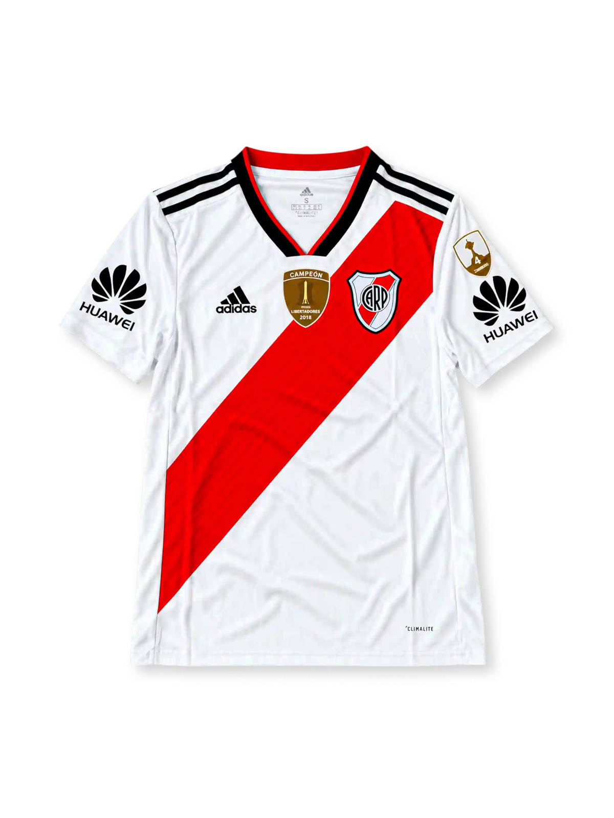 Front view of the River Plate 2018/19 white home soccer jersey with a red diagonal sash, black adidas shoulder stripes, gold Copa Libertadores 2018 champions badge, Huawei sleeve sponsors, and commemorative fourth-title patch.