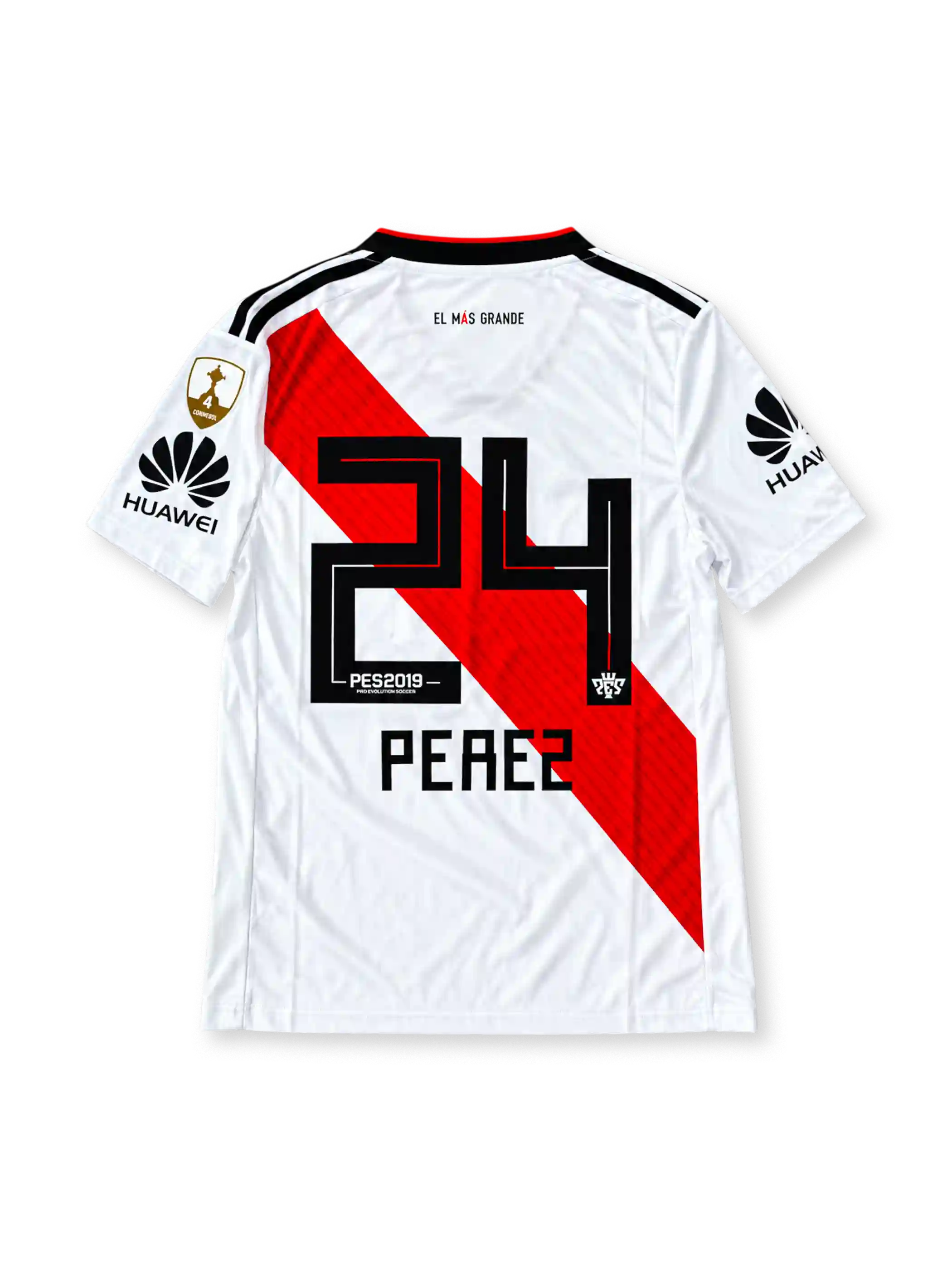 Front view of the River Plate 2018/19 white home soccer jersey with a red diagonal sash, black adidas shoulder stripes, gold Copa Libertadores 2018 champions badge, Huawei sleeve sponsors, and commemorative fourth-title patch.