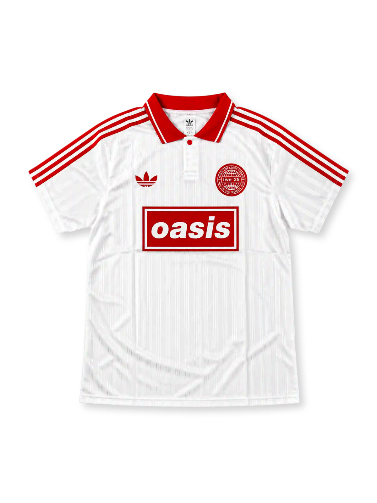 Front view of the white Oasis x adidas Originals Live '25 Tour Jacquard Jersey featuring red shoulder stripes, a red polo collar, adidas Trefoil logo, circular Live '25 badge, and red Oasis box logo.