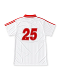 Front view of the white Oasis x adidas Originals Live '25 Tour Jacquard Jersey featuring red shoulder stripes, a red polo collar, adidas Trefoil logo, circular Live '25 badge, and red Oasis box logo.