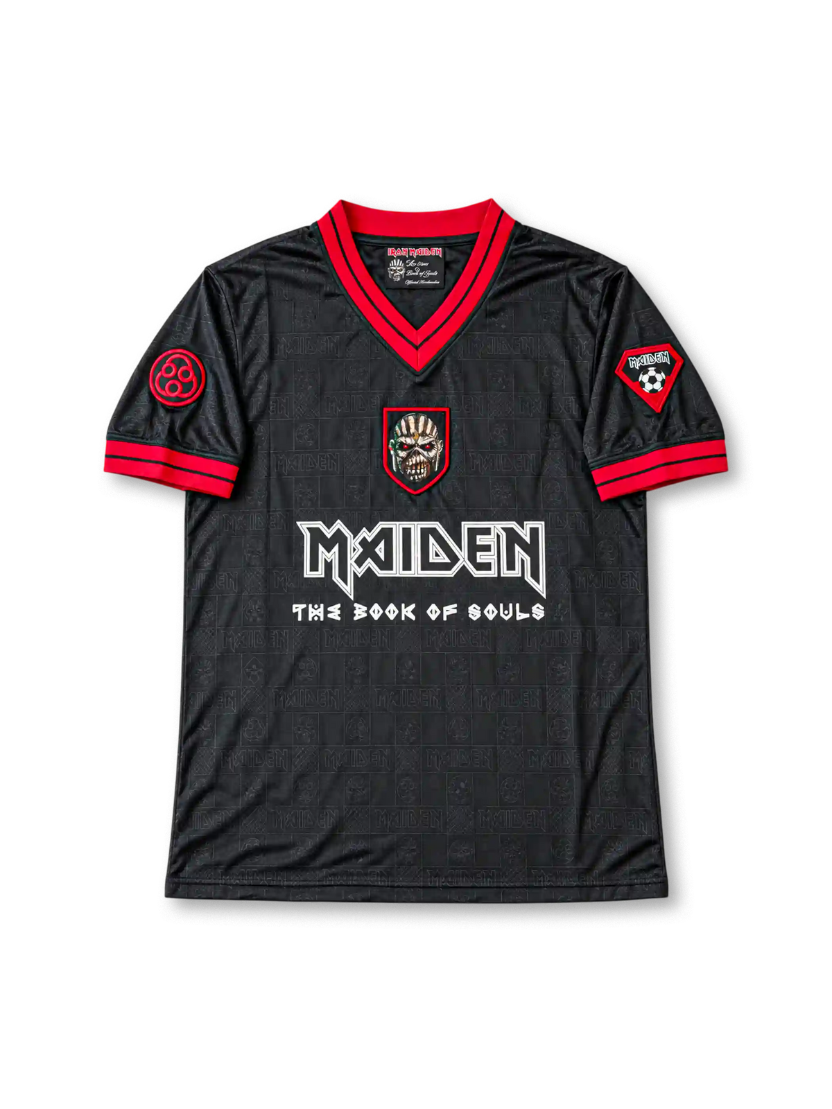 Front view of the black Iron Maiden The Book of Souls 2016 football jersey featuring a red V-neck collar, red sleeve trim, tonal all-over graphics, Eddie shield artwork, white band logo, and decorative sleeve patches.