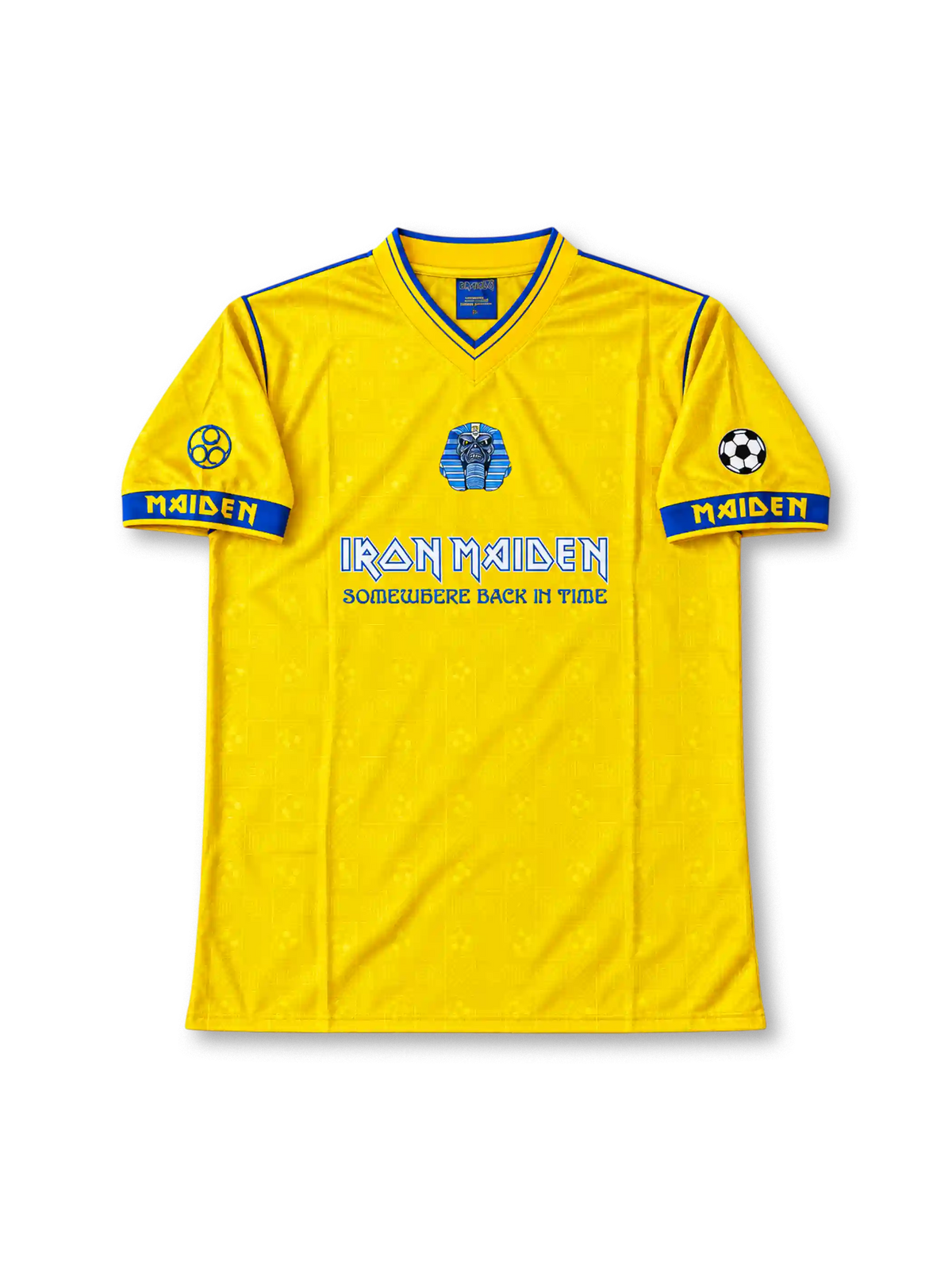 Front view of the yellow Iron Maiden Somewhere Back in Time 2008 football jersey featuring blue V-neck trim, Egyptian Pharaoh Eddie artwork, blue MAIDEN sleeve lettering, football patches, and blue band graphics.