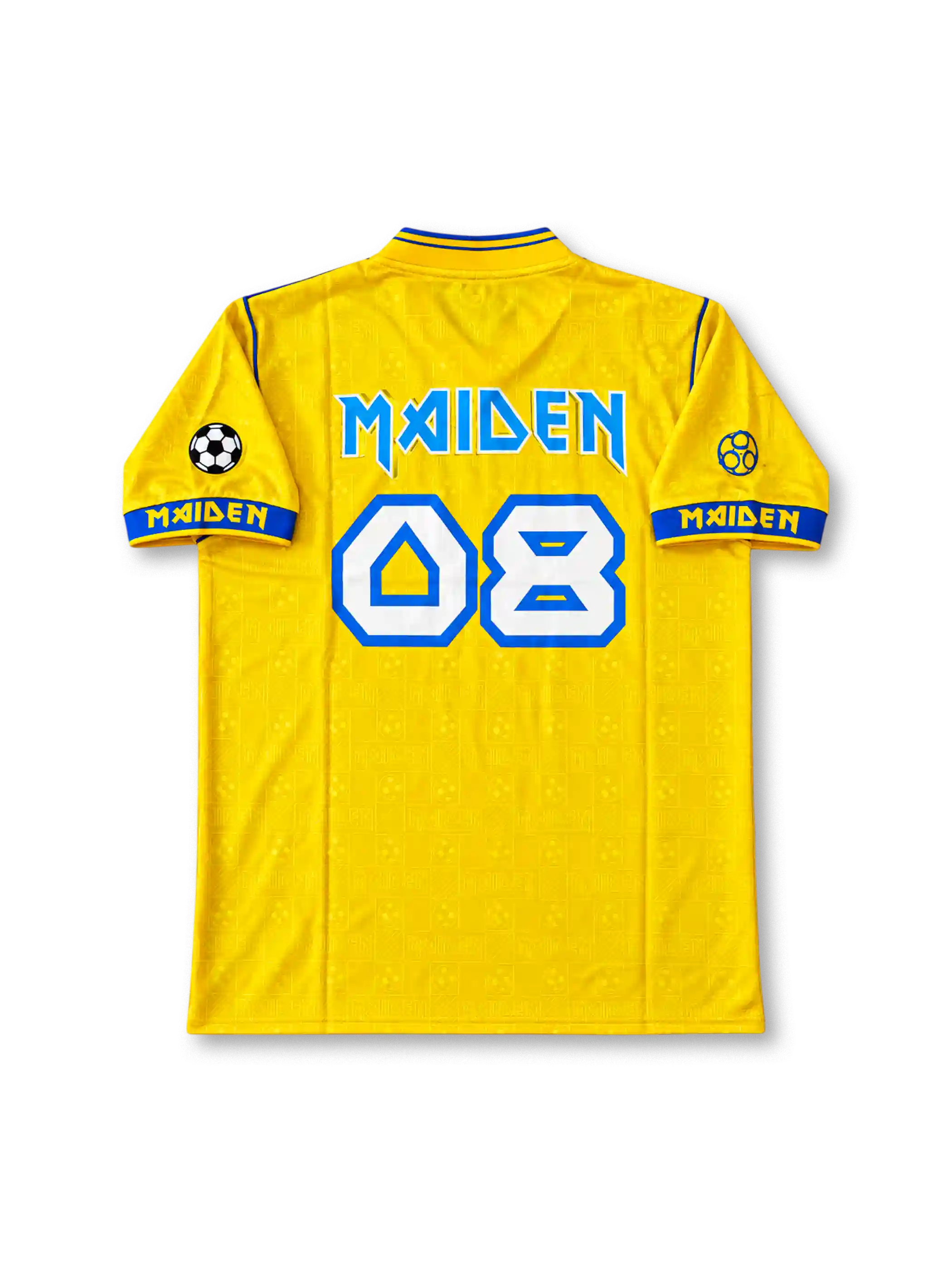 Front view of the yellow Iron Maiden Somewhere Back in Time 2008 football jersey featuring blue V-neck trim, Egyptian Pharaoh Eddie artwork, blue MAIDEN sleeve lettering, football patches, and blue band graphics.