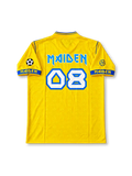 Front view of the yellow Iron Maiden Somewhere Back in Time 2008 football jersey featuring blue V-neck trim, Egyptian Pharaoh Eddie artwork, blue MAIDEN sleeve lettering, football patches, and blue band graphics.