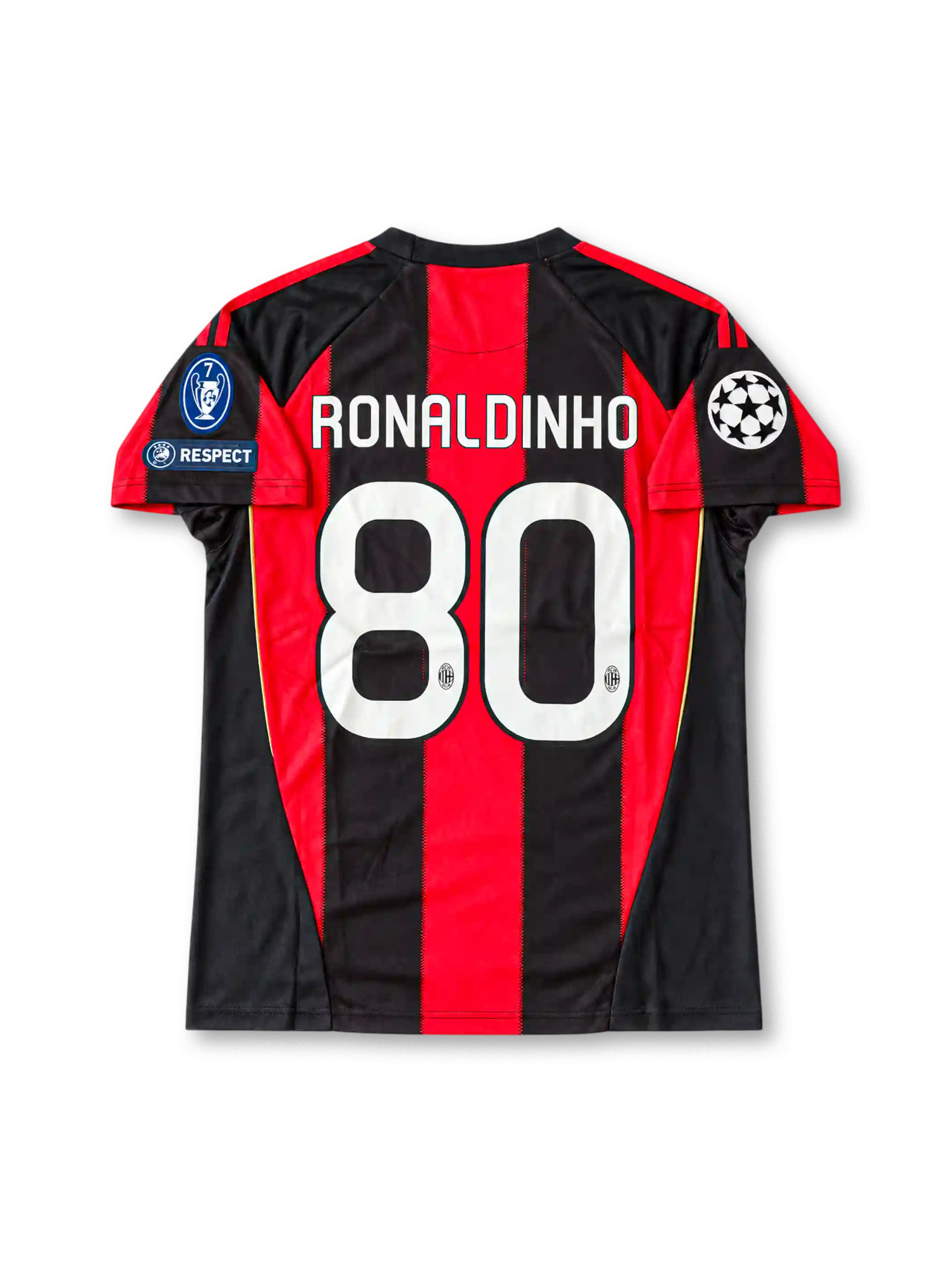Front view of the 2010/11 AC Milan home soccer jersey featuring red and black vertical stripes, white adidas logo, Fly Emirates sponsor, club crest with gold star, UEFA Champions League starball patch, seven-time winners badge, and UEFA Respect patch.