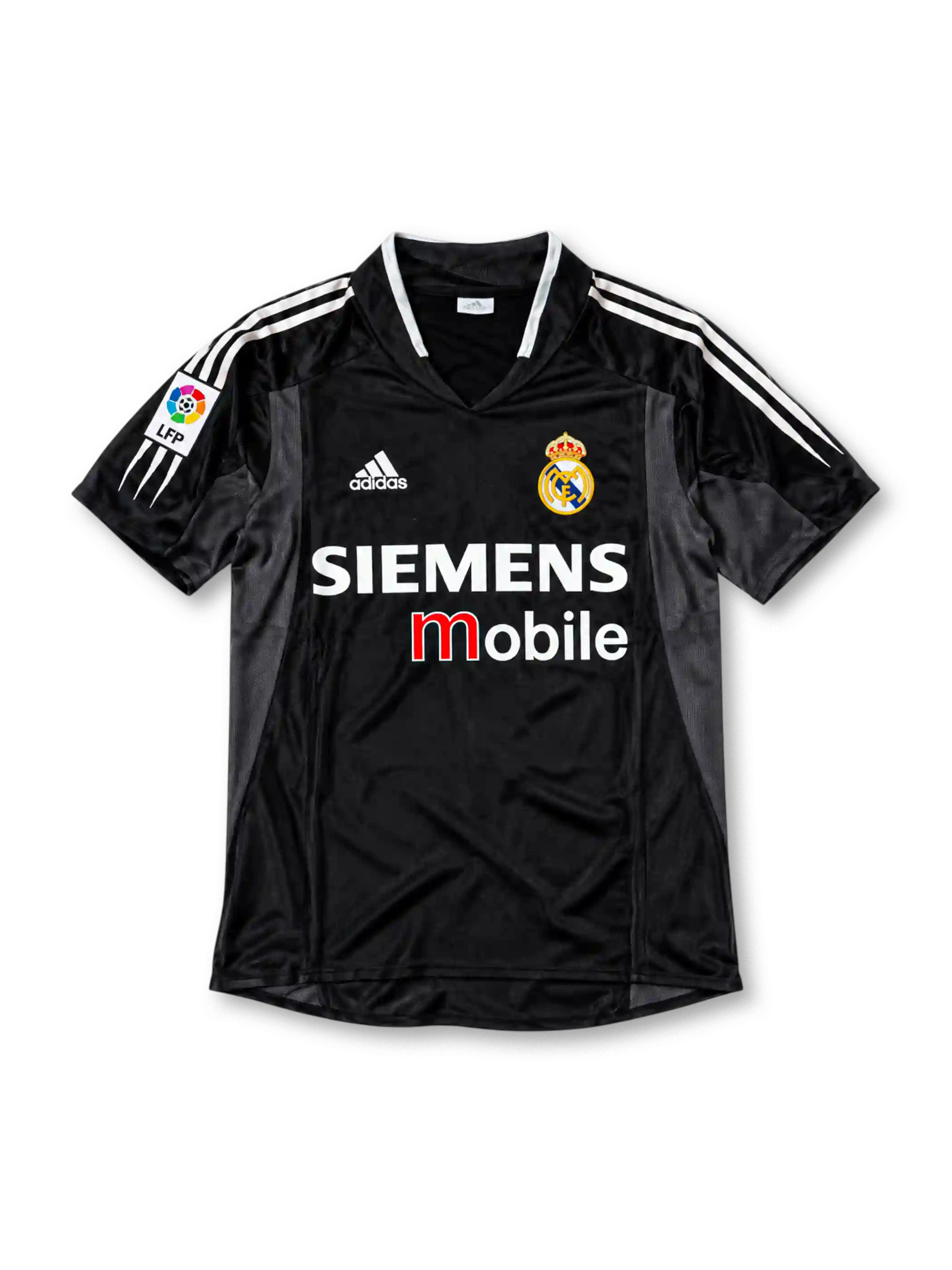 Front view of the black Real Madrid 2003/04 third soccer jersey featuring dark gray side panels, white adidas shoulder stripes, a crowned Real Madrid crest, Siemens Mobile sponsor, and La Liga LFP sleeve patch.