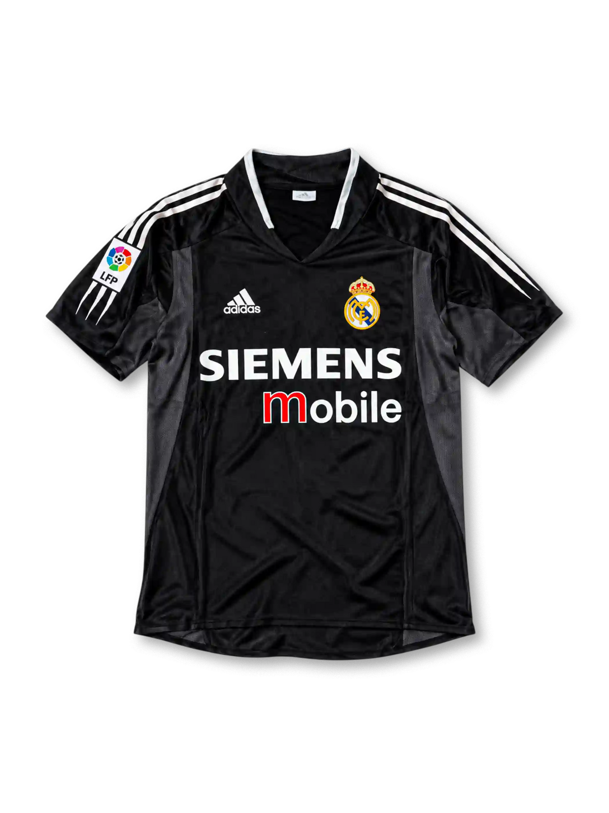Front view of the black Real Madrid 2003/04 third soccer jersey featuring dark gray side panels, white adidas shoulder stripes, a crowned Real Madrid crest, Siemens Mobile sponsor, and La Liga LFP sleeve patch.