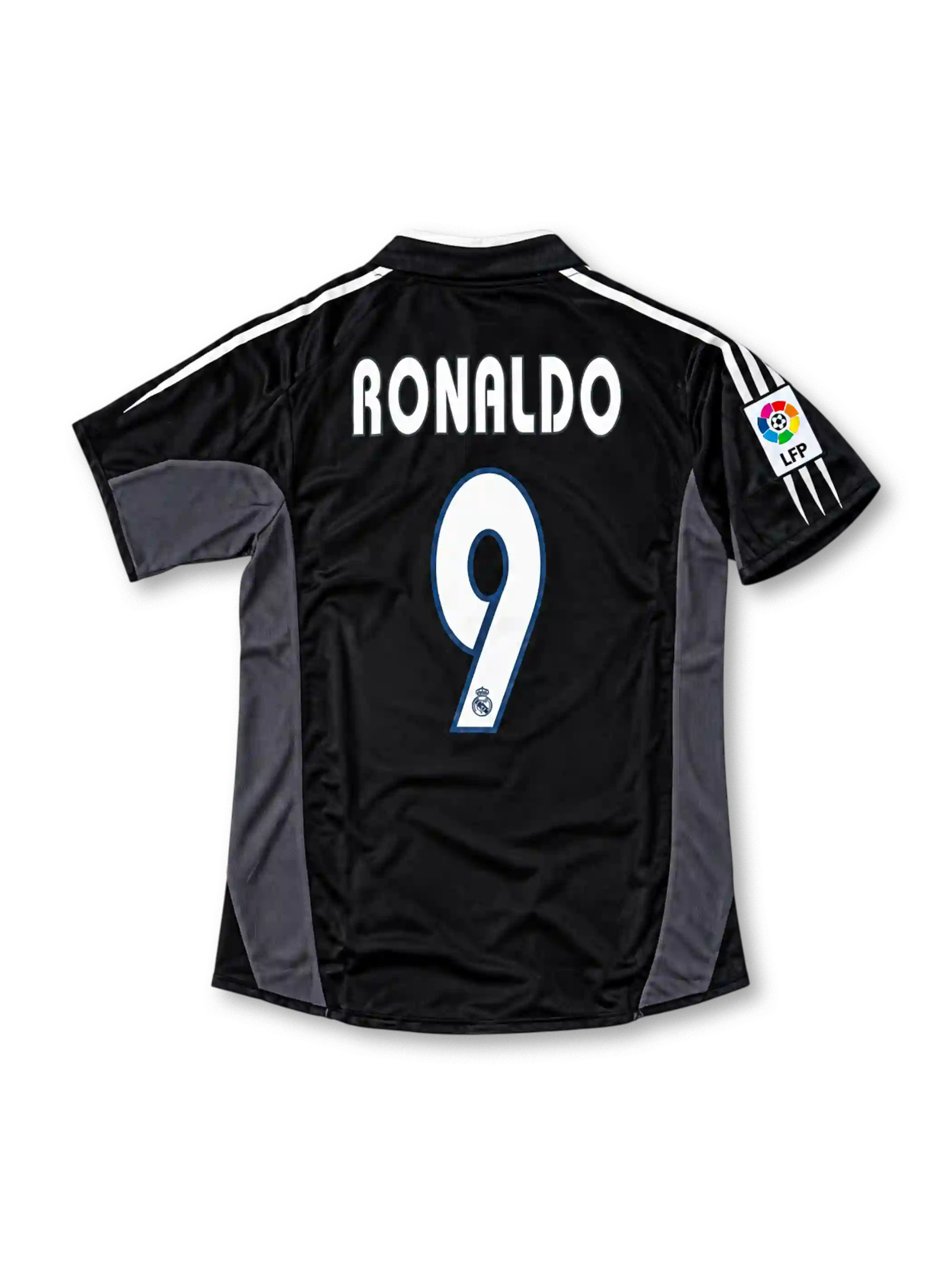 Front view of the black Real Madrid 2003/04 third soccer jersey featuring dark gray side panels, white adidas shoulder stripes, a crowned Real Madrid crest, Siemens Mobile sponsor, and La Liga LFP sleeve patch.