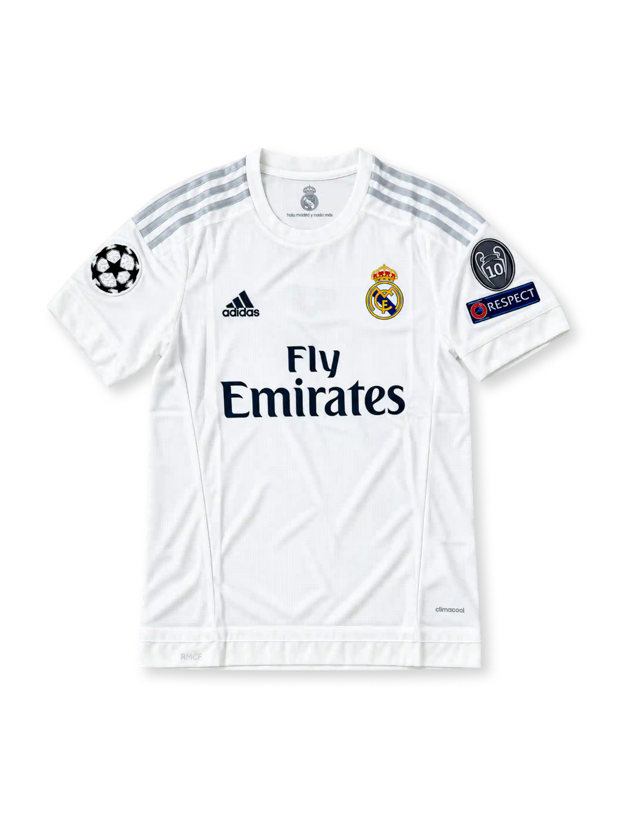 Front view of the Real Madrid 2015/16 white home soccer jersey featuring silver adidas shoulder stripes, dark navy Fly Emirates sponsor, crowned club crest, UEFA Champions League starball patch, 10-time European Cup winners badge, and UEFA Respect sleeve patch.
