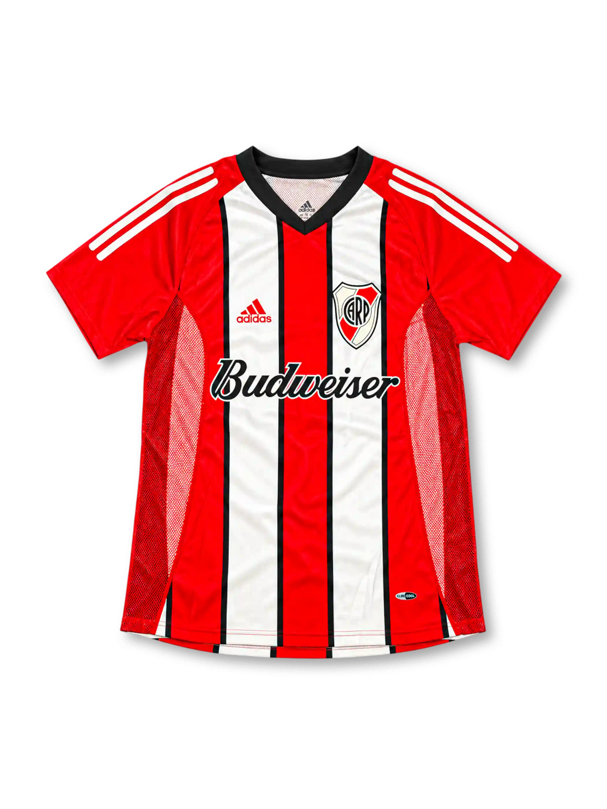 Front view of the River Plate 2002/03 red and white striped away soccer jersey featuring a black V-neck collar, red adidas shoulder stripes, club crest, Budweiser sponsor, and textured mesh side panels.