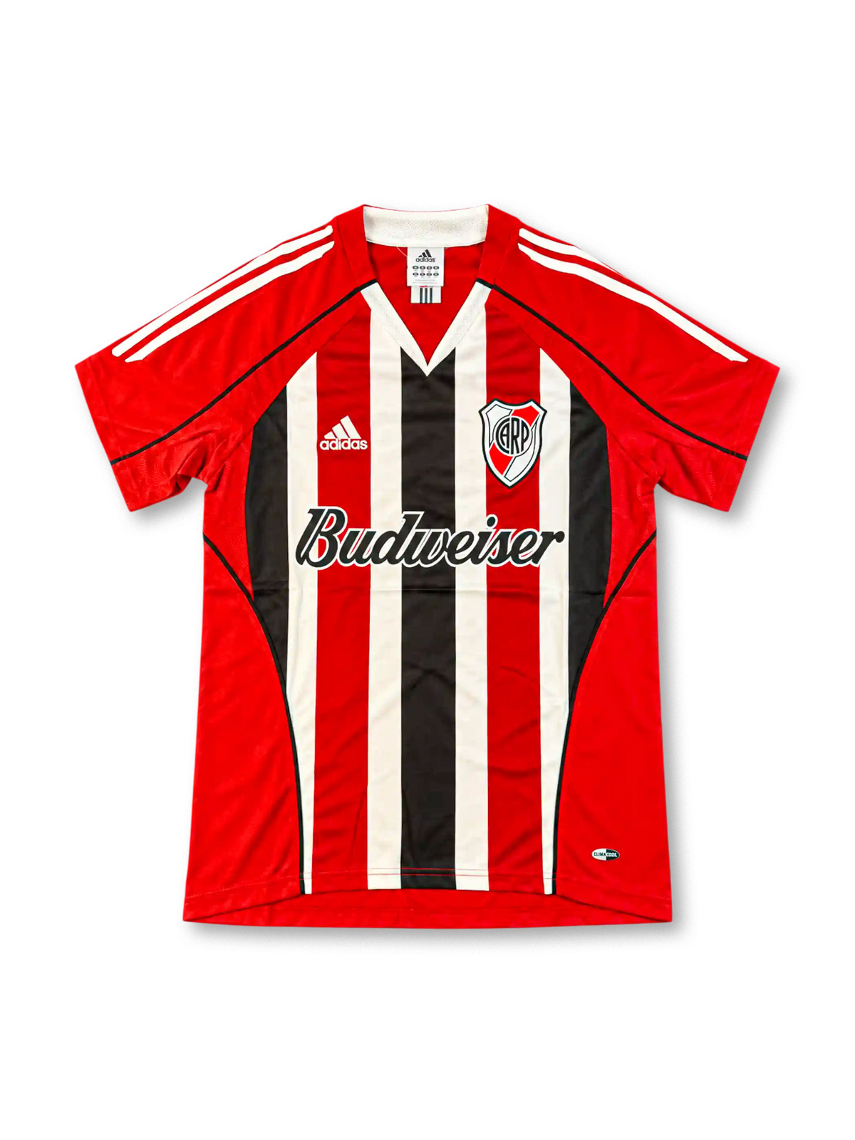 Front view of the River Plate 2003/04 away soccer jersey featuring red sleeves, red white and black vertical stripes, a black V-neck collar, white adidas shoulder stripes, River Plate crest, and Budweiser sponsor.