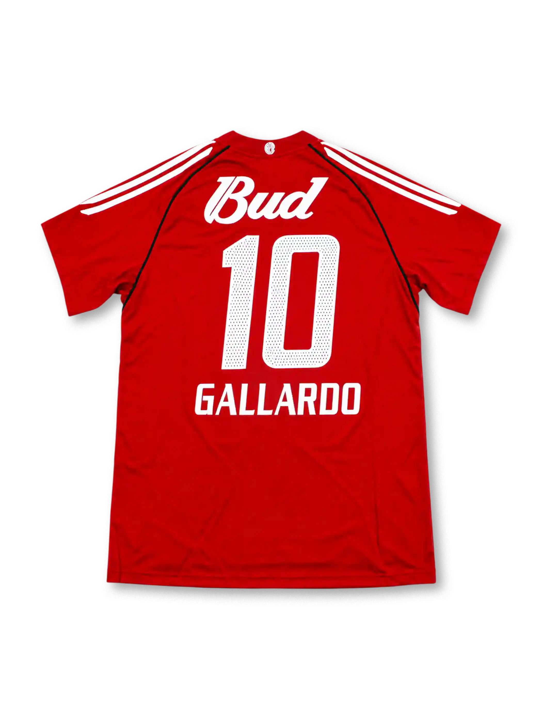 Front view of the River Plate 2003/04 away soccer jersey featuring red sleeves, red white and black vertical stripes, a black V-neck collar, white adidas shoulder stripes, River Plate crest, and Budweiser sponsor.