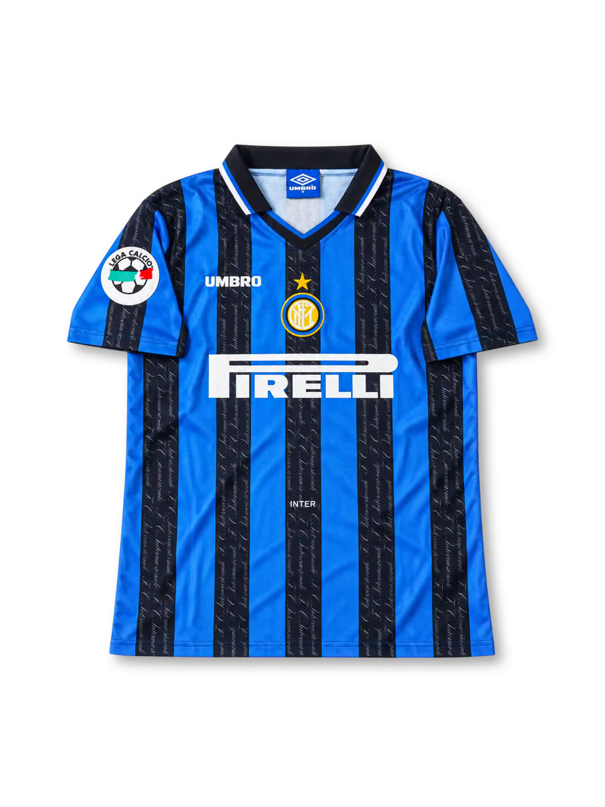 Front view of the Inter Milan 1997/98 blue and black striped home soccer jersey featuring an Umbro logo, central club crest with gold star, white Pirelli sponsor, patterned black stripes, and Lega Calcio sleeve patch.