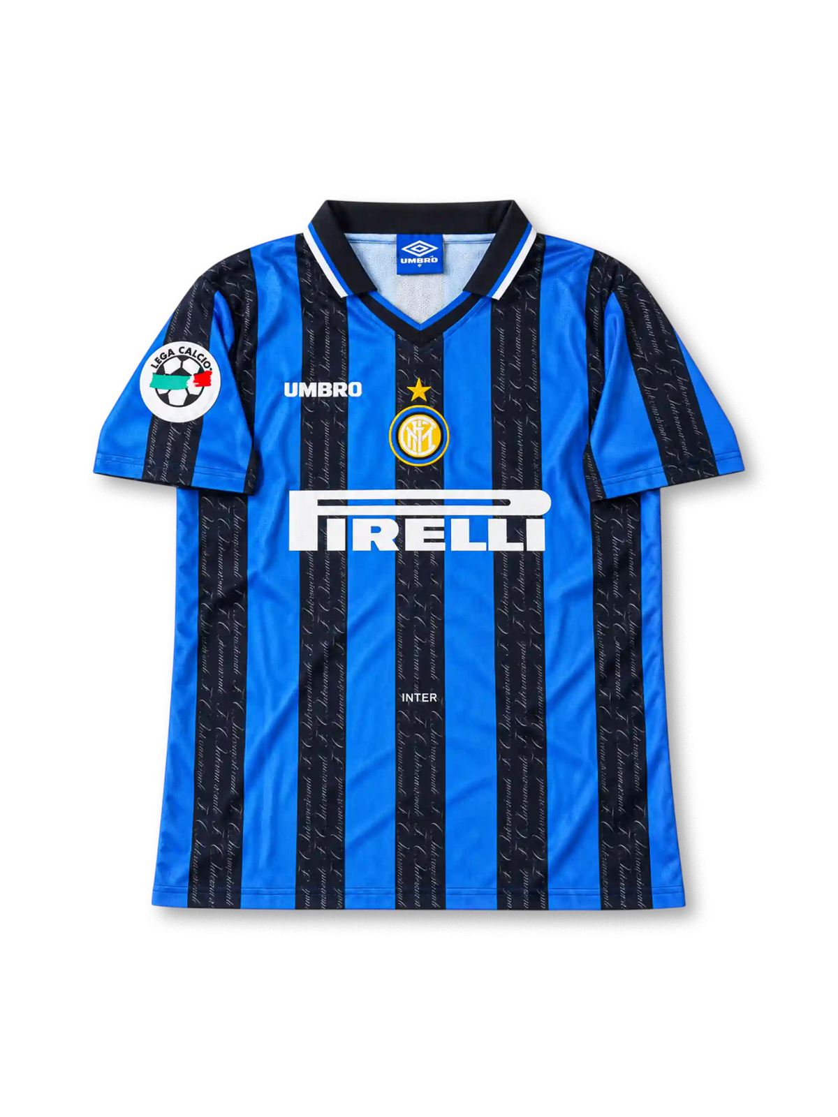 Front view of the Inter Milan 1997/98 blue and black striped home soccer jersey featuring an Umbro logo, central club crest with gold star, white Pirelli sponsor, patterned black stripes, and Lega Calcio sleeve patch.