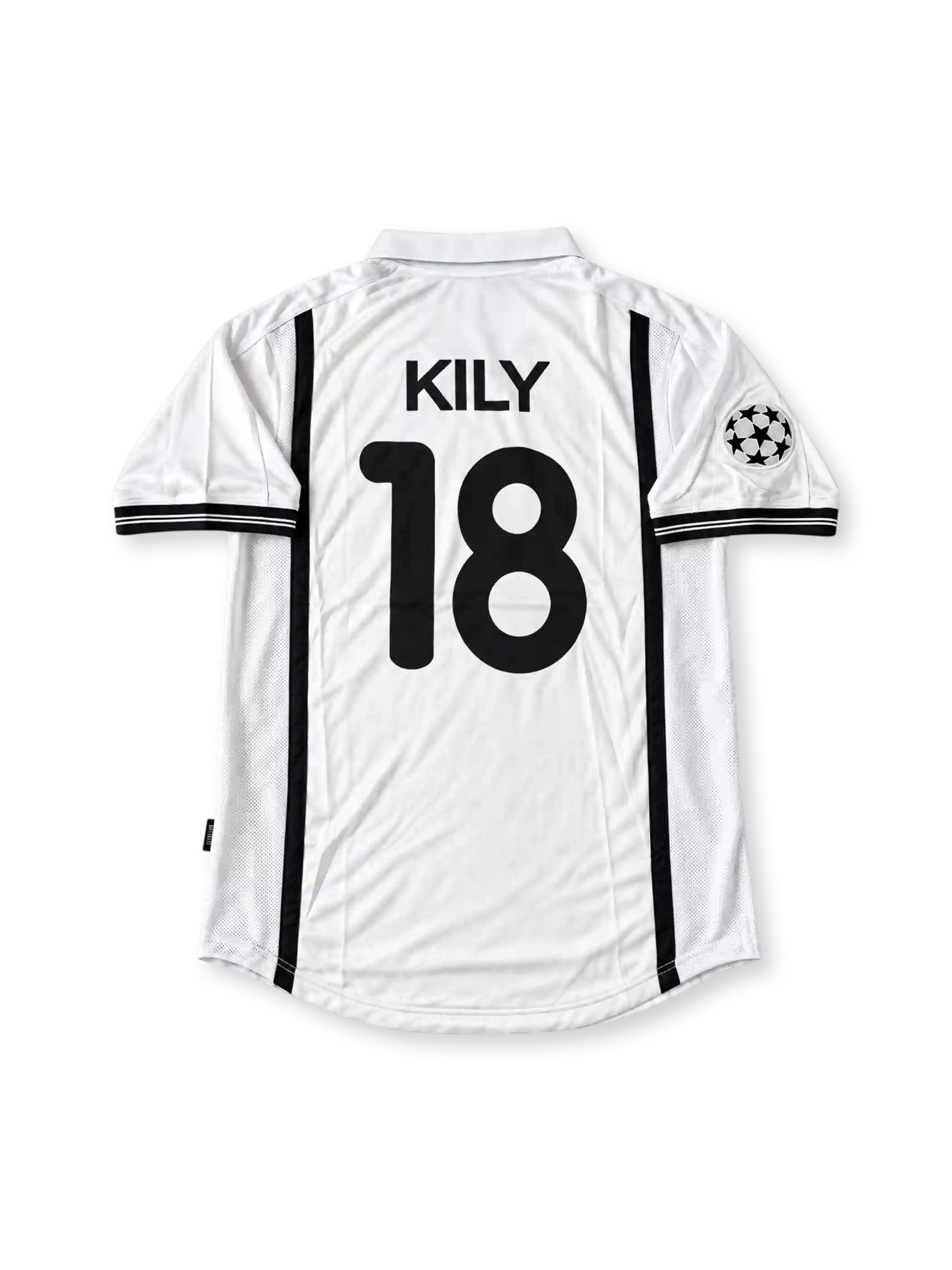 Valencia 2000-01 Champions League final white jersey featuring Kily González #18, black vertical side stripes, Nike logo, Valencia CF crest, Terra Mítica sponsor, and Milano 2001 commemorative detailing.