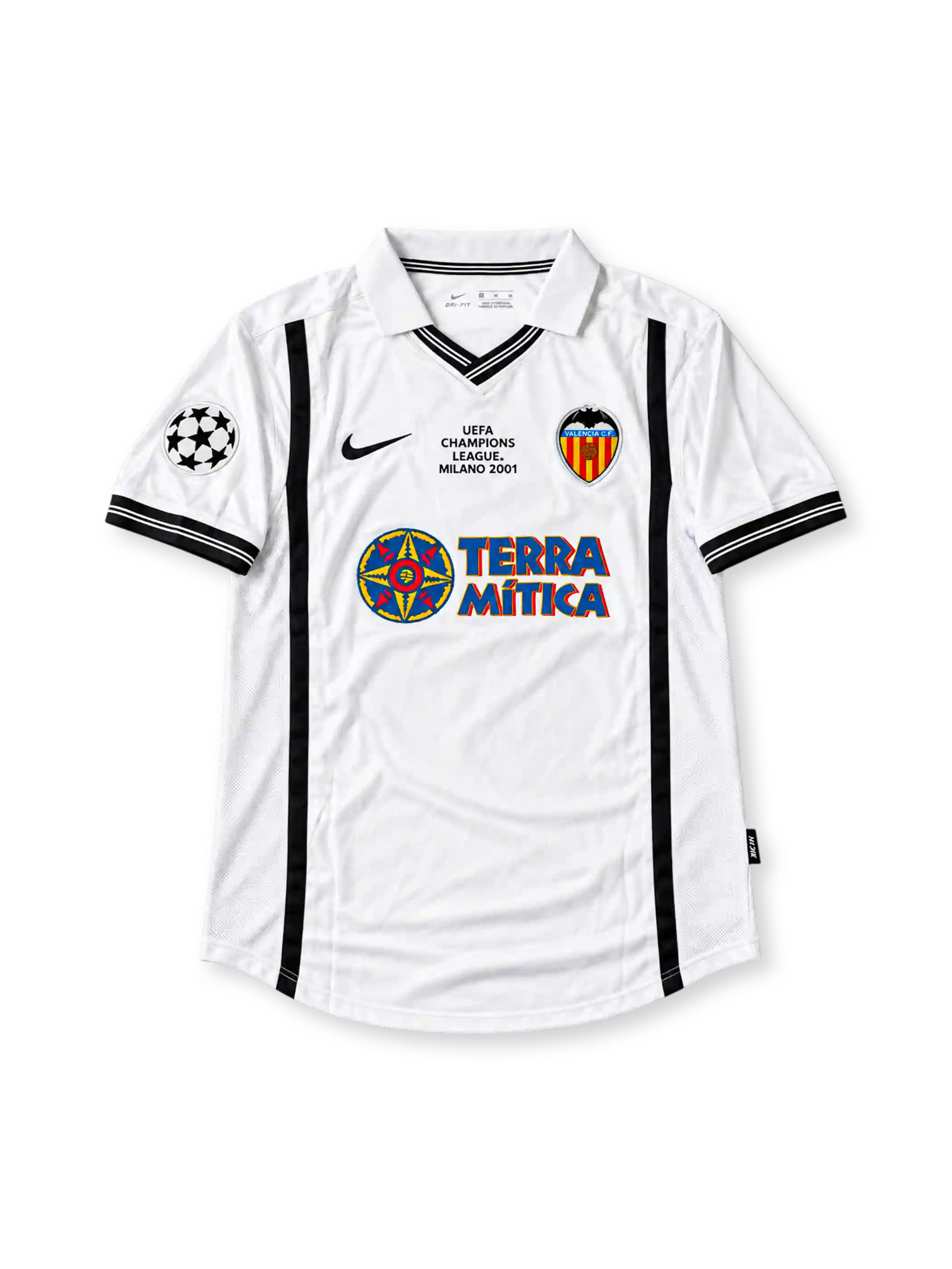 Valencia 2000-01 Champions League final white jersey featuring Kily González #18, black vertical side stripes, Nike logo, Valencia CF crest, Terra Mítica sponsor, and Milano 2001 commemorative detailing.