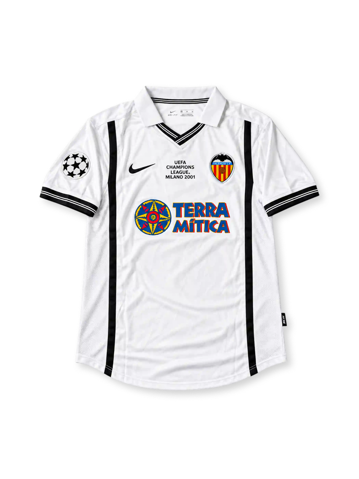 Valencia 2000-01 Champions League final white jersey featuring Kily González #18, black vertical side stripes, Nike logo, Valencia CF crest, Terra Mítica sponsor, and Milano 2001 commemorative detailing.