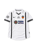Valencia 2000-01 Champions League final white jersey featuring Kily González #18, black vertical side stripes, Nike logo, Valencia CF crest, Terra Mítica sponsor, and Milano 2001 commemorative detailing.