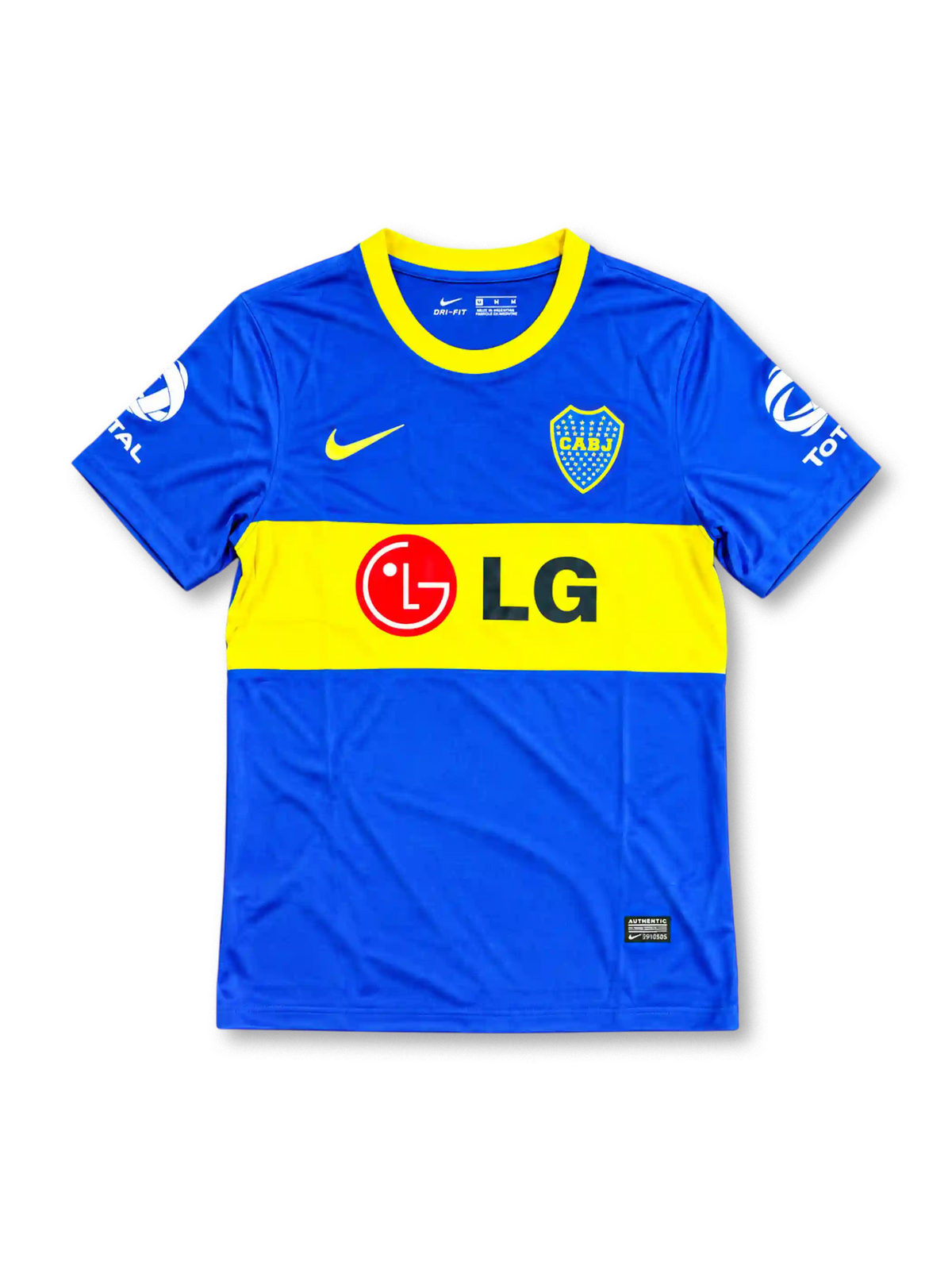 Boca Juniors 2010-11 home soccer jersey featuring Juan Román Riquelme #10, royal blue fabric, a wide yellow chest band, yellow Nike Swoosh, CABJ crest, LG sponsor, and Total sleeve branding.