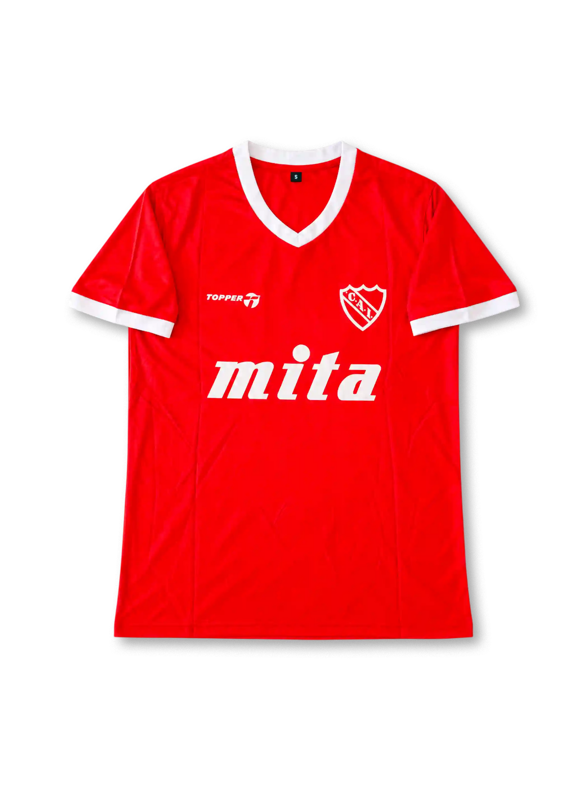 Front view of the Club Atlético Independiente 1984-85 red home football shirt associated with number 10 Ricardo Bochini, featuring a white V-neck collar and sleeve cuffs, white Topper logo, Independiente crest, and large white Mita sponsor graphic.