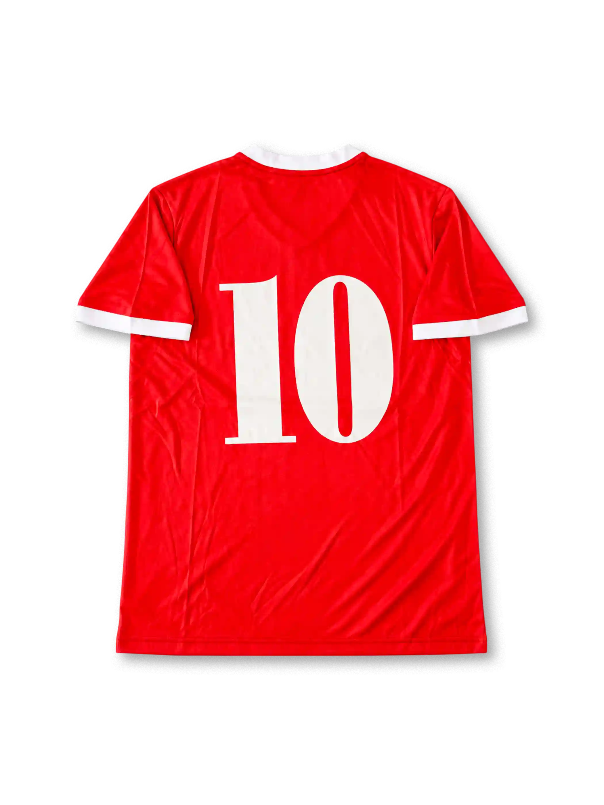 Front view of the Club Atlético Independiente 1984-85 red home football shirt associated with number 10 Ricardo Bochini, featuring a white V-neck collar and sleeve cuffs, white Topper logo, Independiente crest, and large white Mita sponsor graphic.