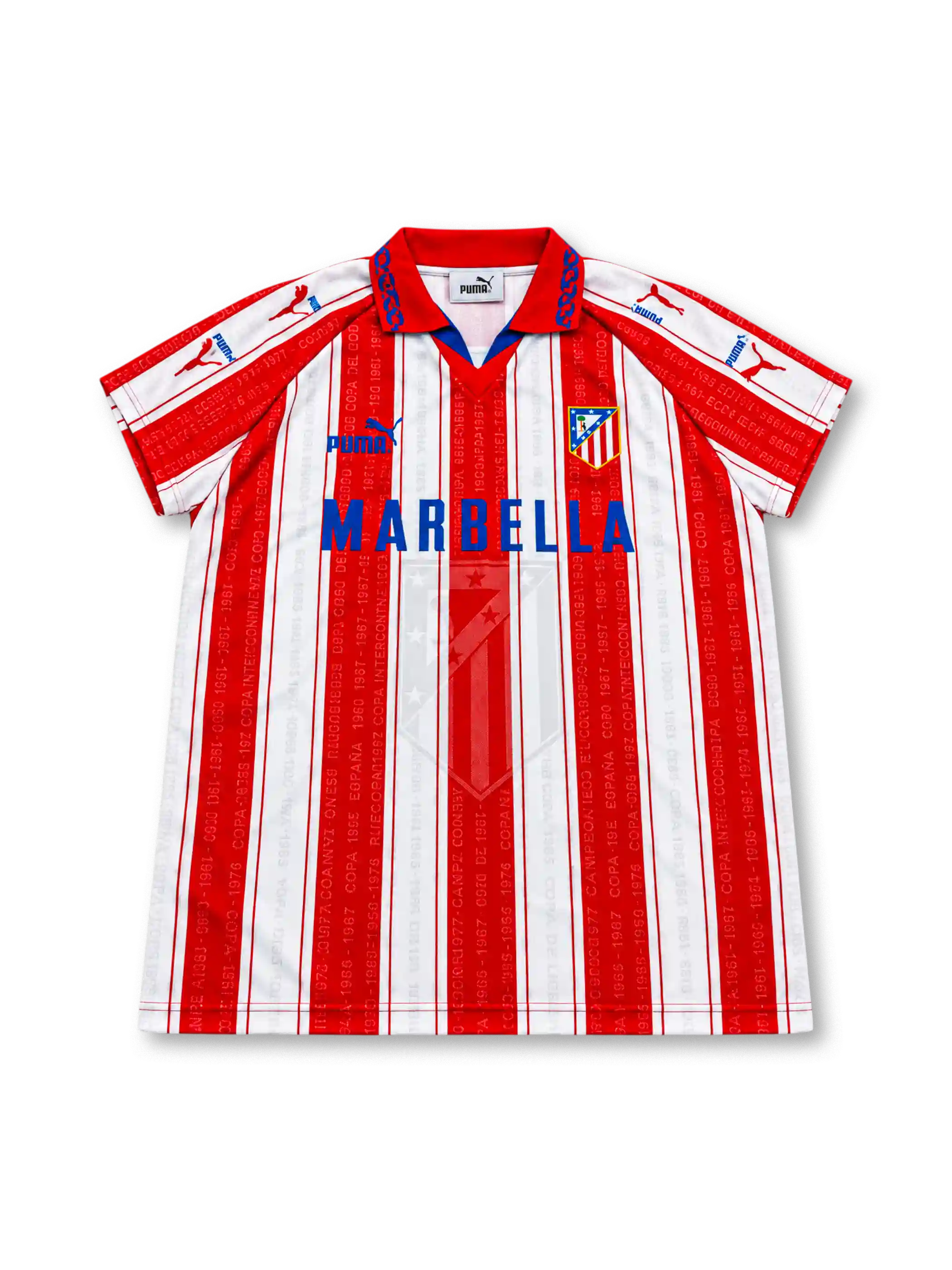 Front view of the Atlético Madrid 1995-96 home football shirt associated with Diego Simeone #14, featuring red and white vertical stripes with printed championship lettering, a red and blue collar, Puma logos, the Atlético Madrid crest, and a blue Marbella sponsor.