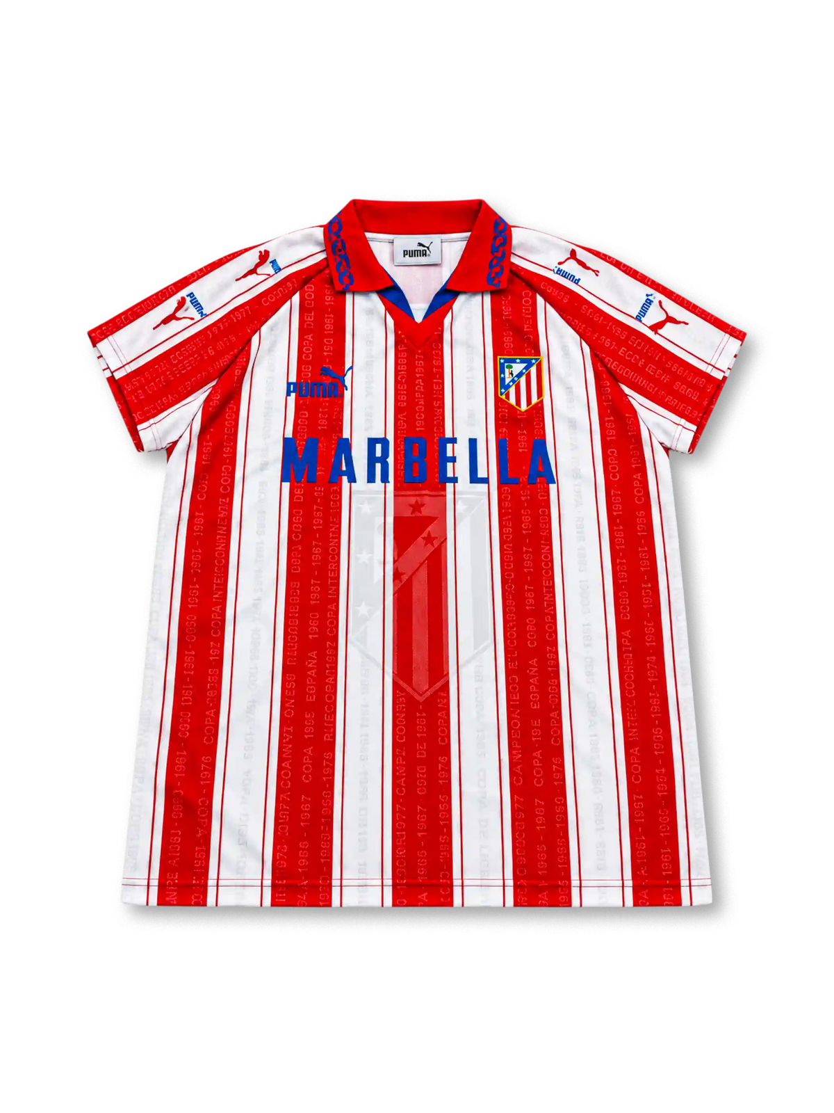Front view of the Atlético Madrid 1995-96 home football shirt associated with Diego Simeone #14, featuring red and white vertical stripes with printed championship lettering, a red and blue collar, Puma logos, the Atlético Madrid crest, and a blue Marbella sponsor.