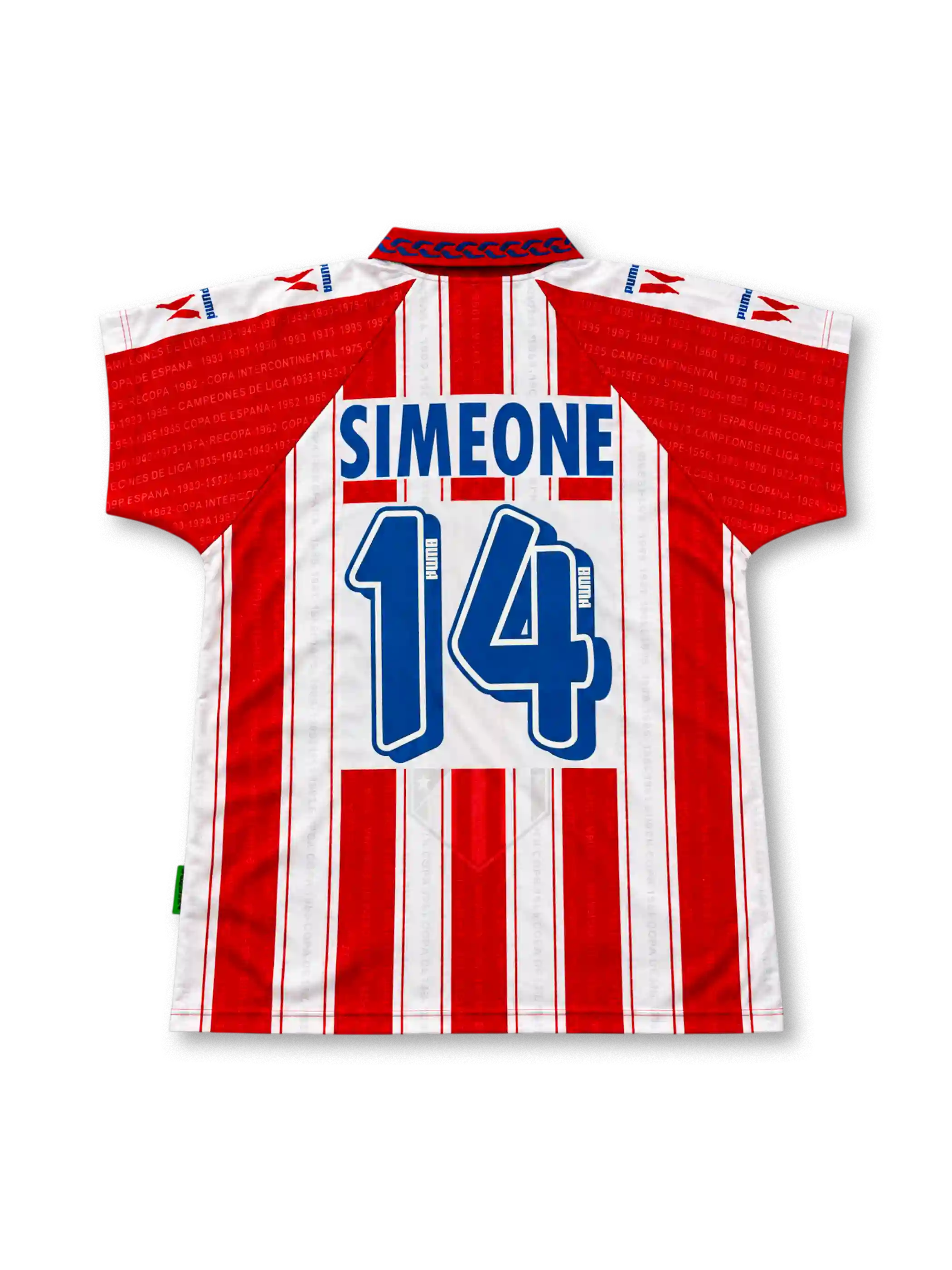Front view of the Atlético Madrid 1995-96 home football shirt associated with Diego Simeone #14, featuring red and white vertical stripes with printed championship lettering, a red and blue collar, Puma logos, the Atlético Madrid crest, and a blue Marbella sponsor.