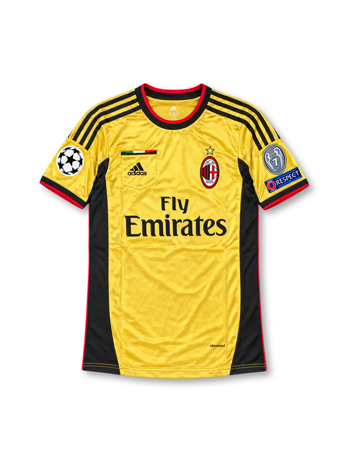 Front view of the AC Milan 2013-14 gold third football jersey featuring Kaká #22, black adidas shoulder stripes and side panels, red trim, Fly Emirates sponsor, Italian flag chest detail, and UEFA Champions League sleeve patches.