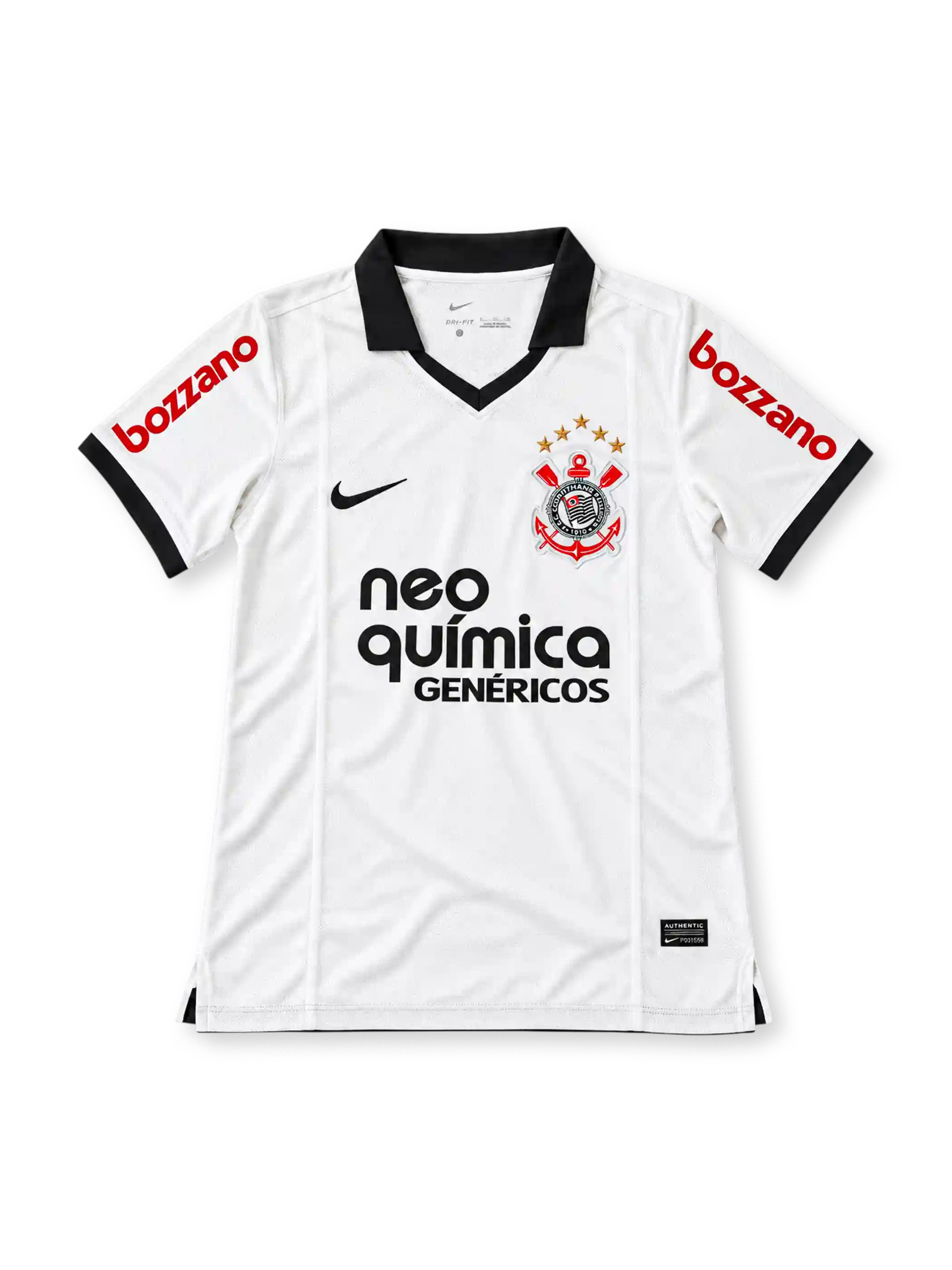 Front view of the Corinthians 2011-12 white home football jersey associated with Adriano #10, featuring a black polo collar and sleeve trim, Nike swoosh, Corinthians crest, Neo Química Genéricos chest sponsor, and red Bozzano sleeve branding.