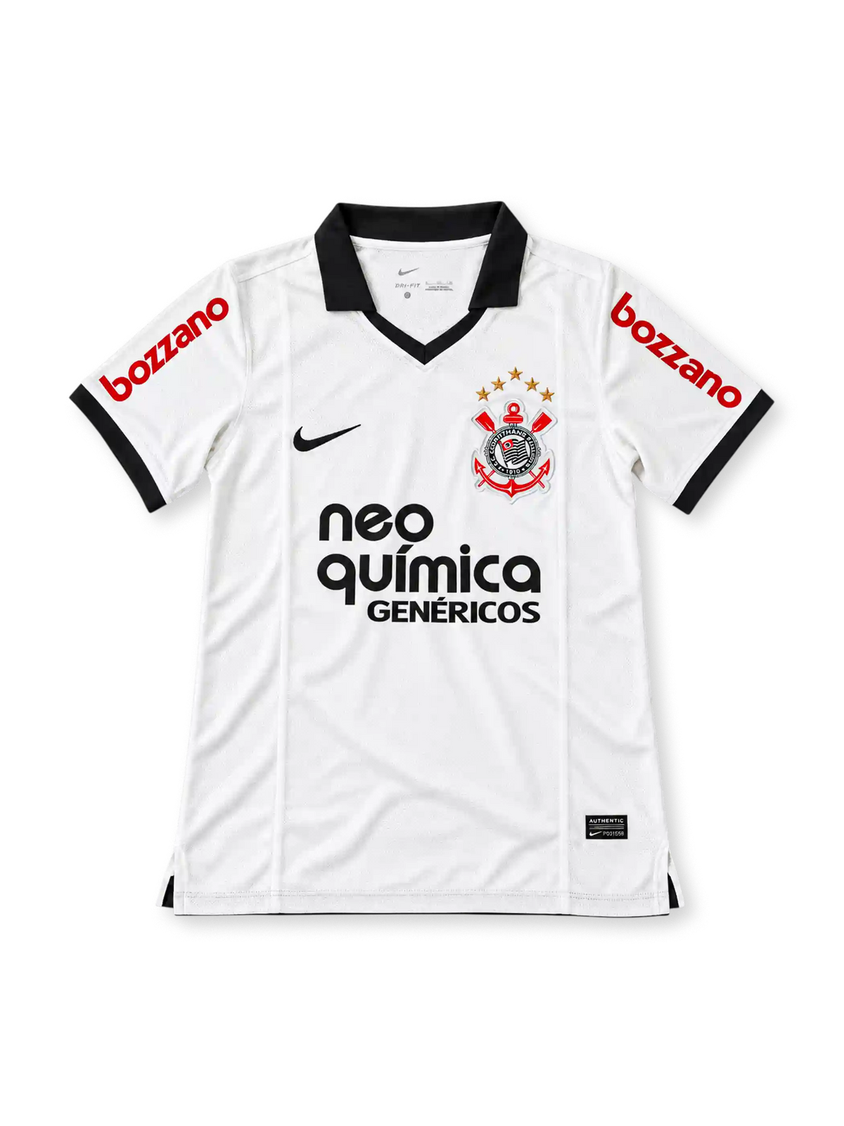 Front view of the Corinthians 2011-12 white home football jersey associated with Adriano #10, featuring a black polo collar and sleeve trim, Nike swoosh, Corinthians crest, Neo Química Genéricos chest sponsor, and red Bozzano sleeve branding.