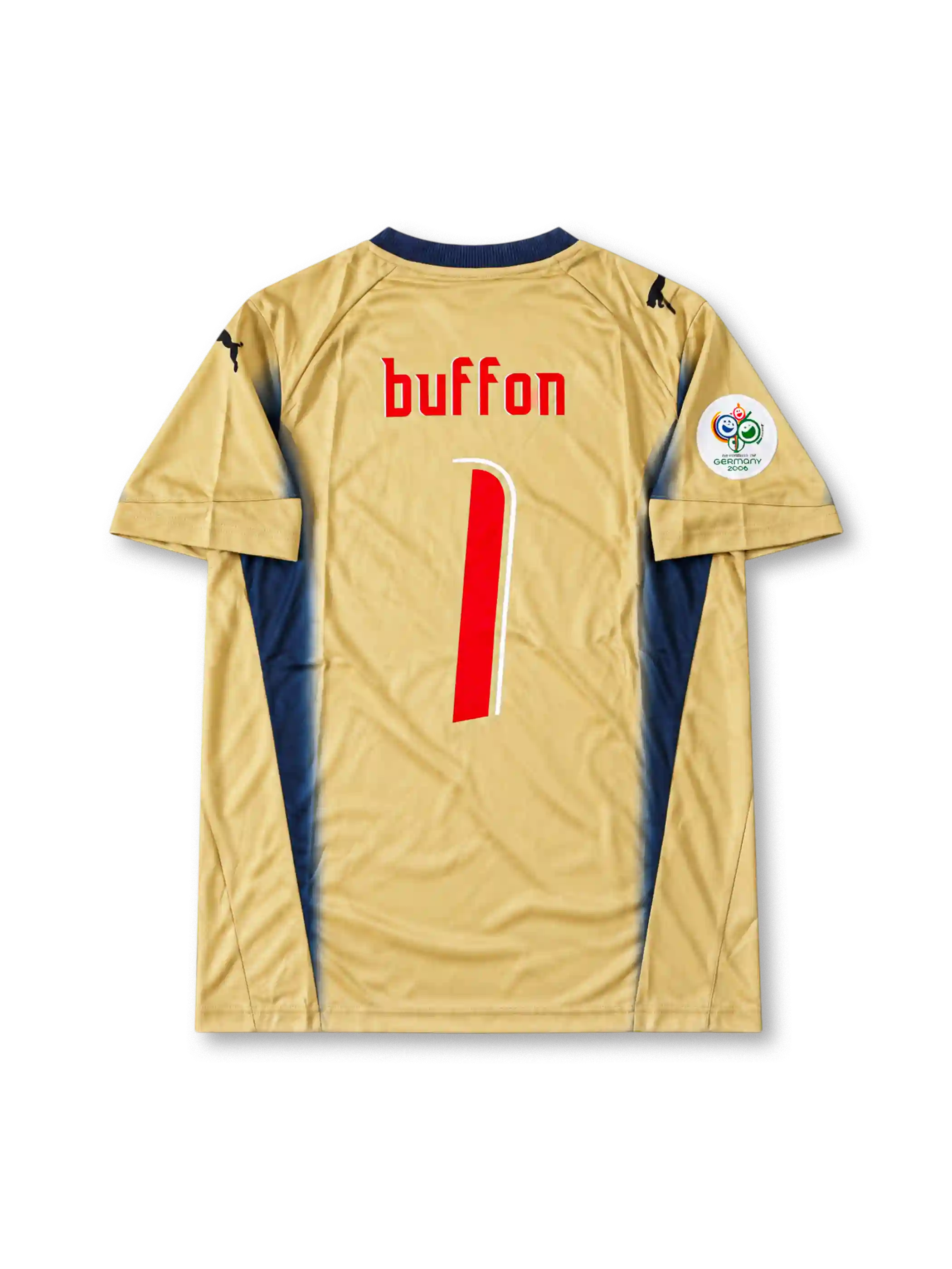 Gold Puma Italy 2006 World Cup goalkeeper away jersey associated with Gianluigi Buffon #1, featuring navy blue V-neck trim, Italian national team crest, Puma logos, and Germany 2006 World Cup sleeve patch.