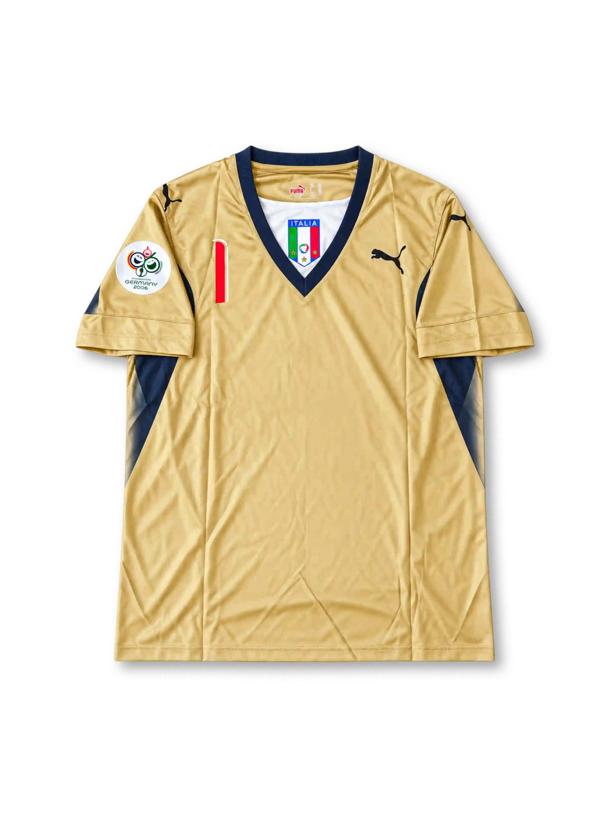 Gold Puma Italy 2006 World Cup goalkeeper away jersey associated with Gianluigi Buffon #1, featuring navy blue V-neck trim, Italian national team crest, Puma logos, and Germany 2006 World Cup sleeve patch.