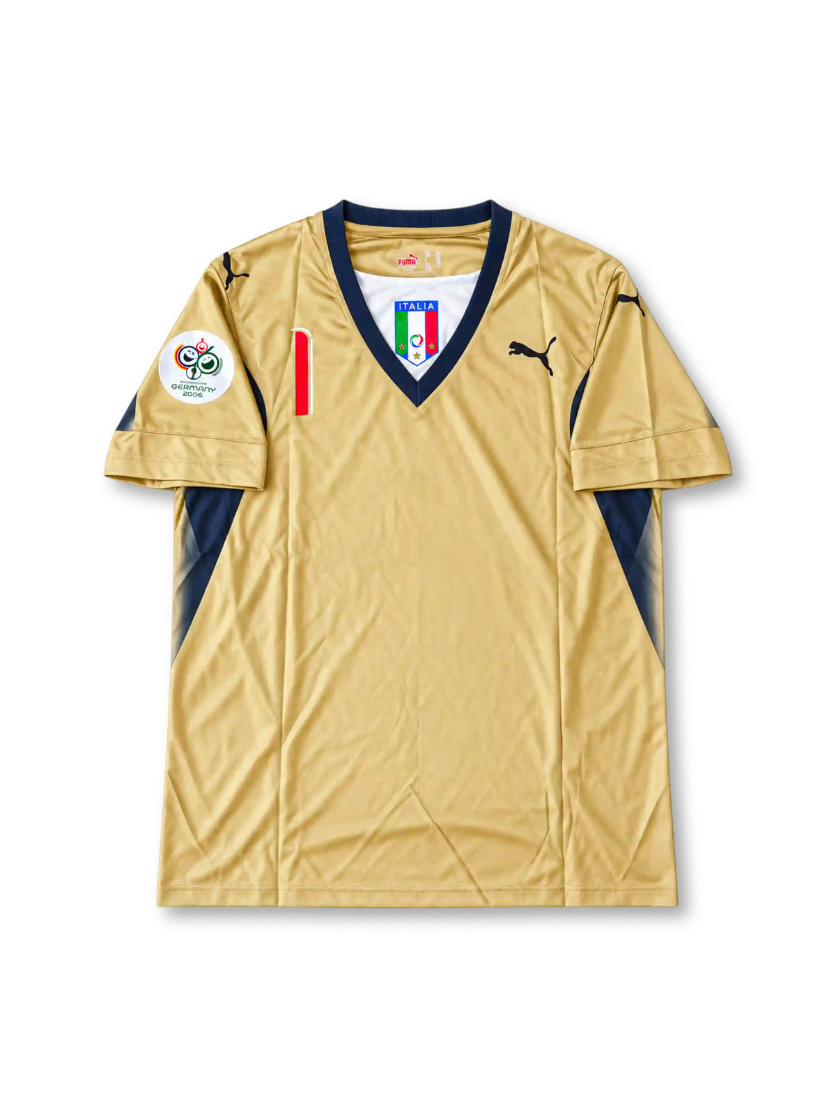 Gold Puma Italy 2006 World Cup goalkeeper away jersey associated with Gianluigi Buffon #1, featuring navy blue V-neck trim, Italian national team crest, Puma logos, and Germany 2006 World Cup sleeve patch.