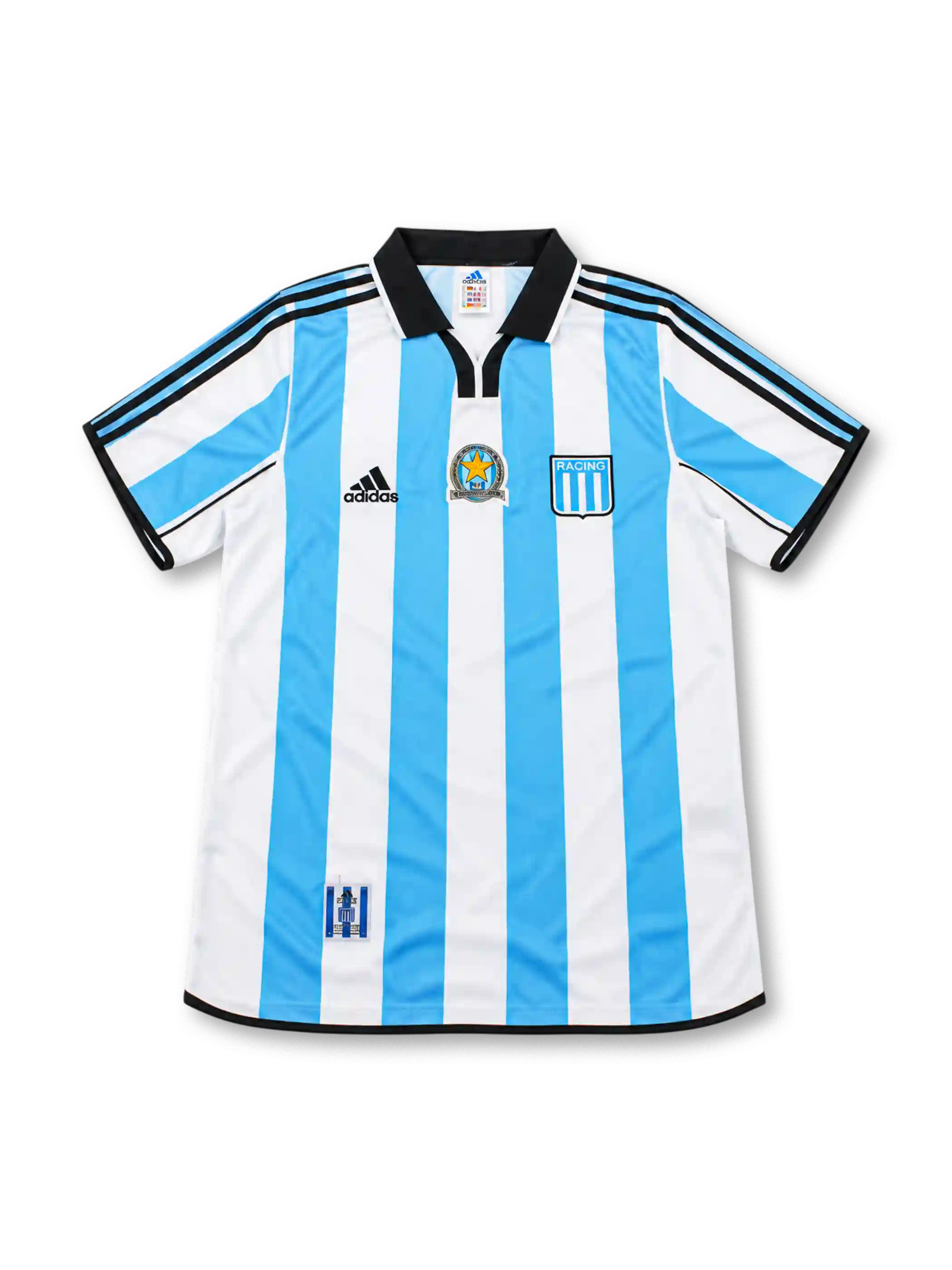 Racing Club 2000-01 home jersey by adidas featuring sky-blue and white vertical stripes, black polo collar, embroidered club crest and commemorative chest badge.