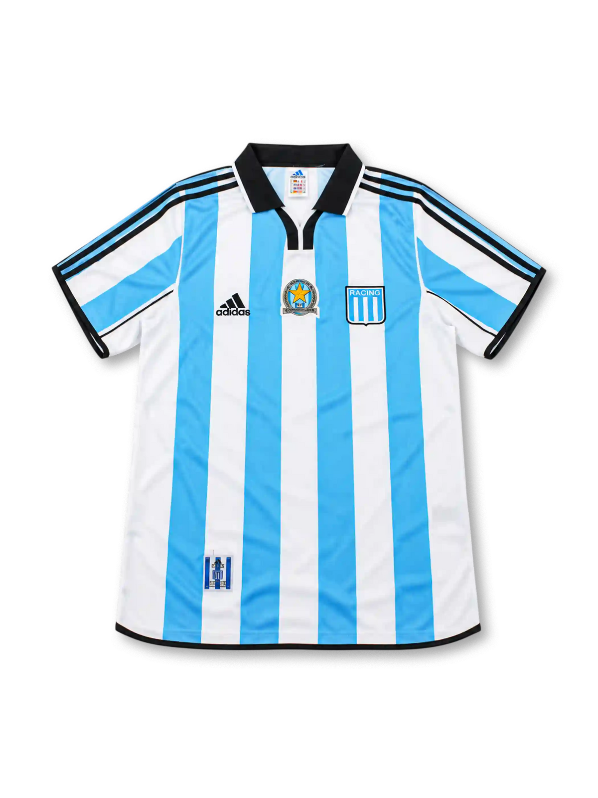 Racing Club 2000-01 home jersey by adidas featuring sky-blue and white vertical stripes, black polo collar, embroidered club crest and commemorative chest badge.