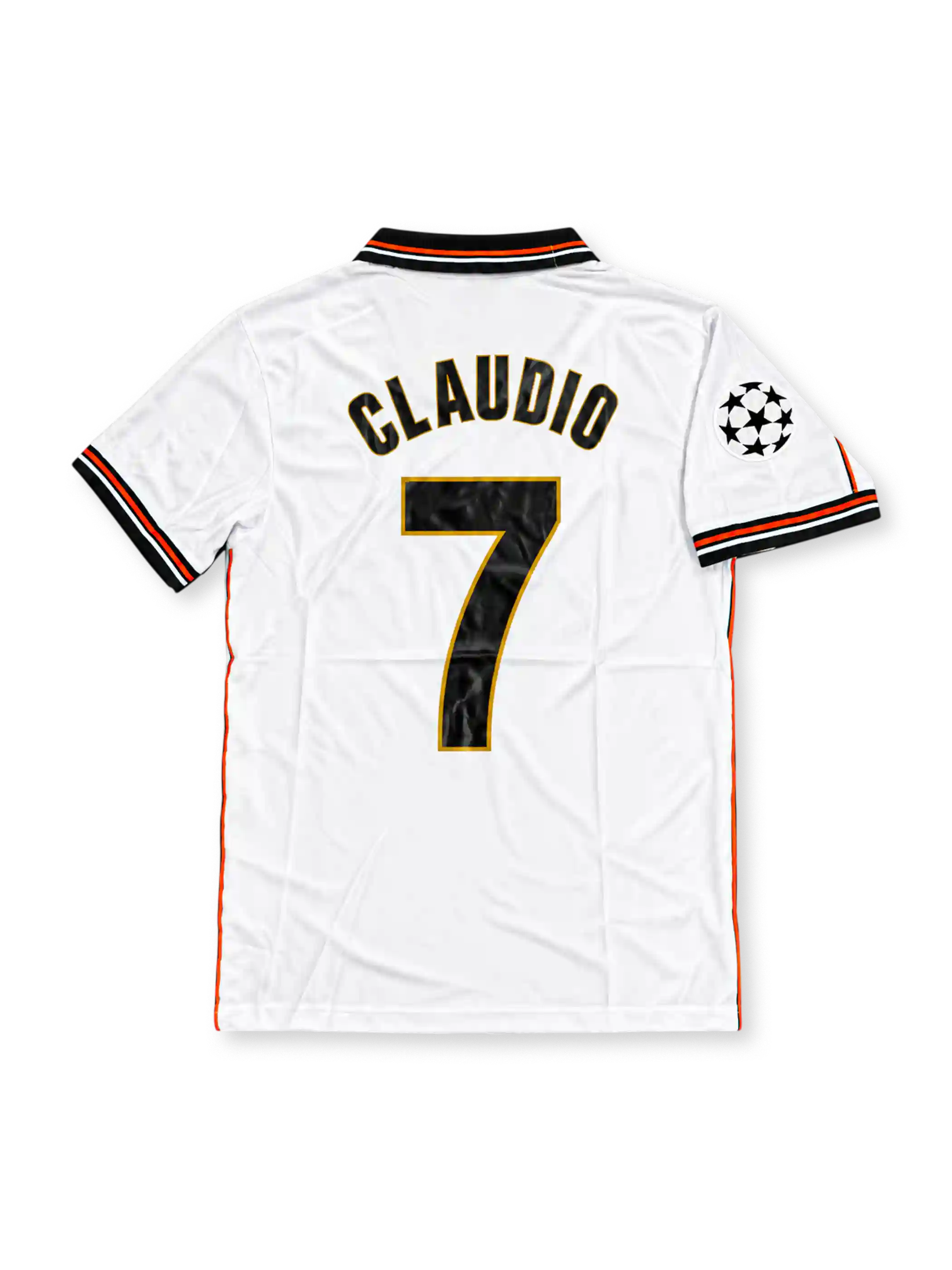 Valencia CF 1999-00 home jersey by Luanvi, featuring a white body, black and orange trim, Terra Mítica sponsor, club crest and UEFA Champions League sleeve patch.