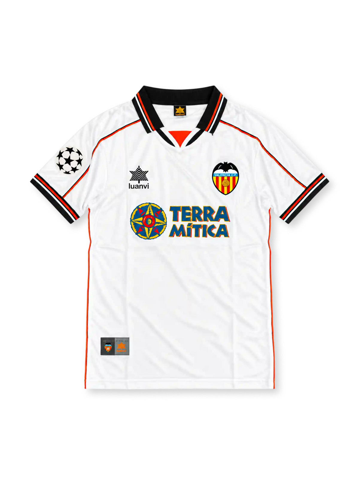 Valencia CF 1999-00 home jersey by Luanvi, featuring a white body, black and orange trim, Terra Mítica sponsor, club crest and UEFA Champions League sleeve patch.