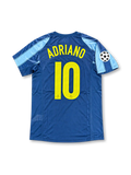 Inter Milan 2005-06 Nike Total 90 third jersey featuring navy and sky-blue horizontal stripes, yellow Nike Swoosh, Pirelli sponsor, club crest and Adriano number 10.