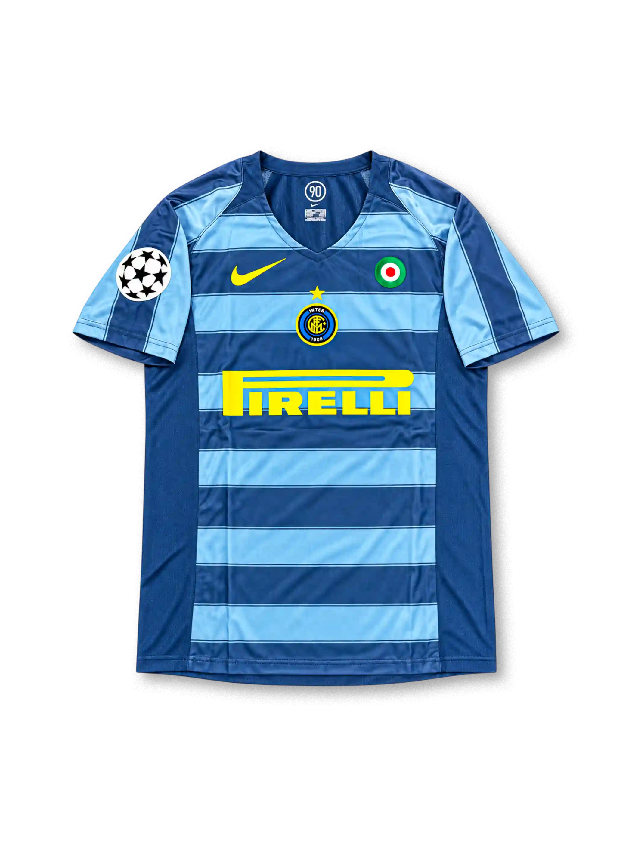 Inter Milan 2005-06 Nike Total 90 third jersey featuring navy and sky-blue horizontal stripes, yellow Nike Swoosh, Pirelli sponsor, club crest and Adriano number 10.