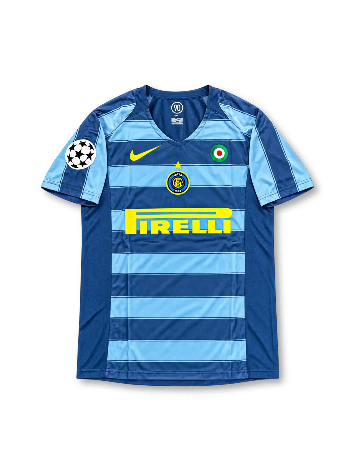Inter Milan 2005-06 Nike Total 90 third jersey featuring navy and sky-blue horizontal stripes, yellow Nike Swoosh, Pirelli sponsor, club crest and Adriano number 10.