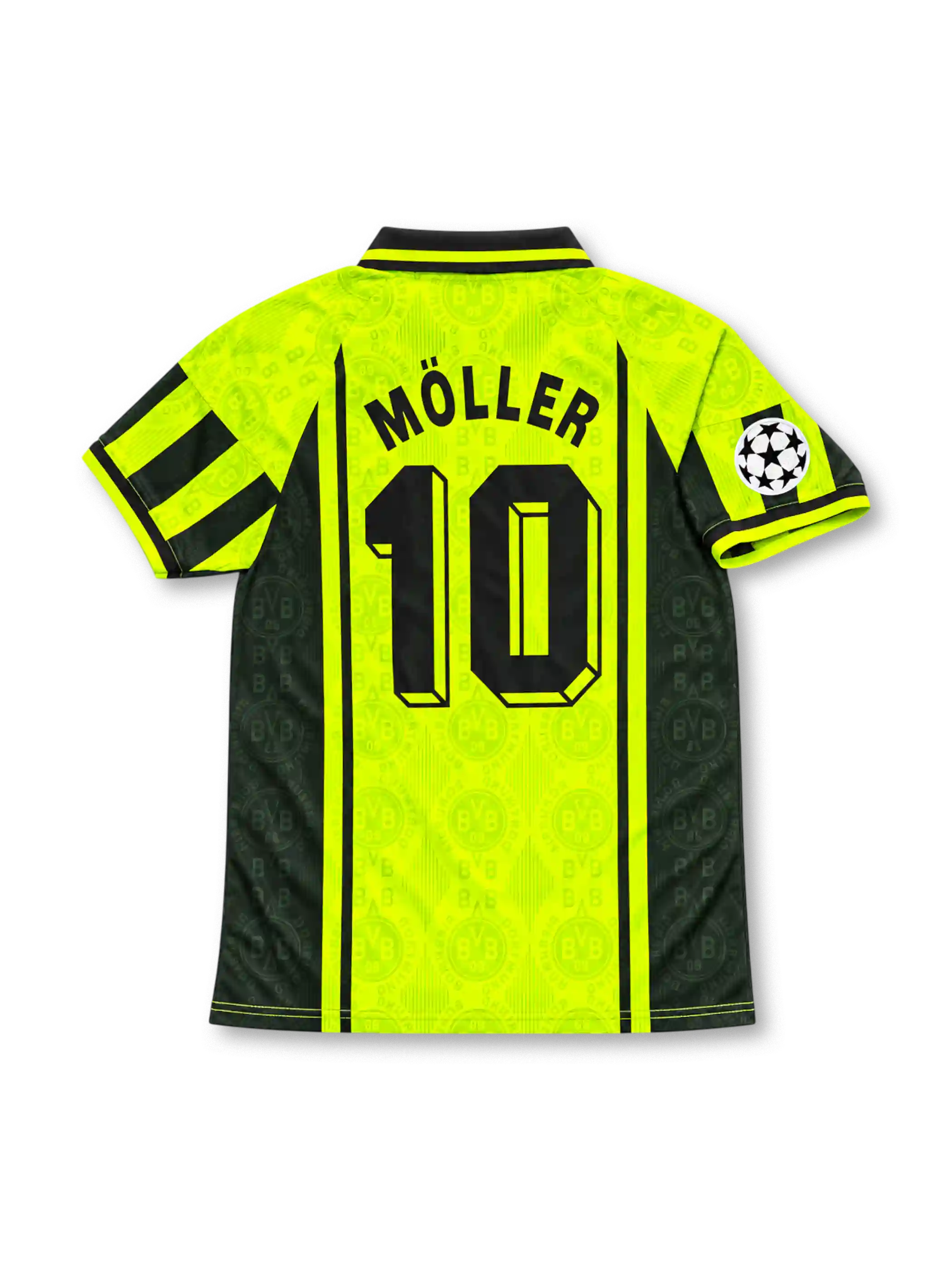 Borussia Dortmund 1996-97 Nike home jersey featuring a fluorescent yellow BVB monogram pattern, black geometric sleeve panels, Die Continentale sponsor and Andreas Möller number 10.