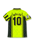 Borussia Dortmund 1996-97 Nike home jersey featuring a fluorescent yellow BVB monogram pattern, black geometric sleeve panels, Die Continentale sponsor and Andreas Möller number 10.