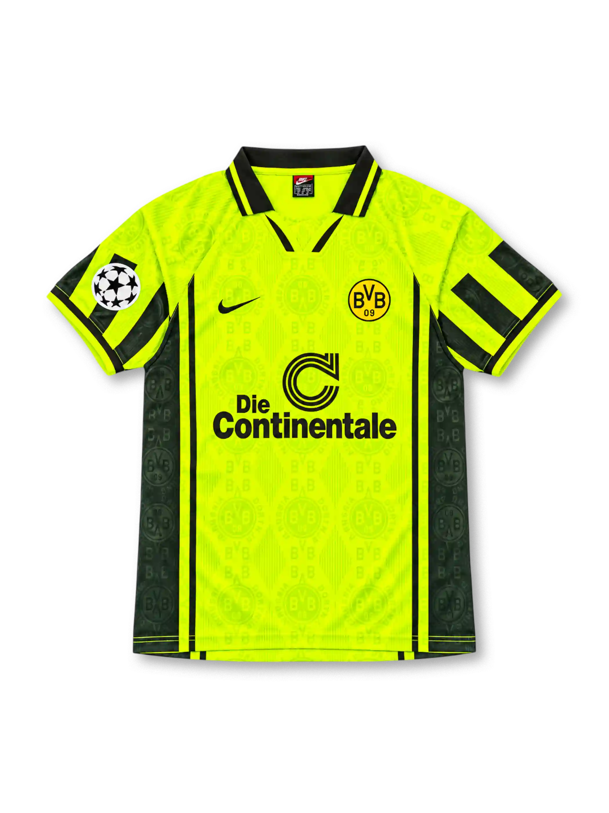 Borussia Dortmund 1996-97 Nike home jersey featuring a fluorescent yellow BVB monogram pattern, black geometric sleeve panels, Die Continentale sponsor and Andreas Möller number 10.